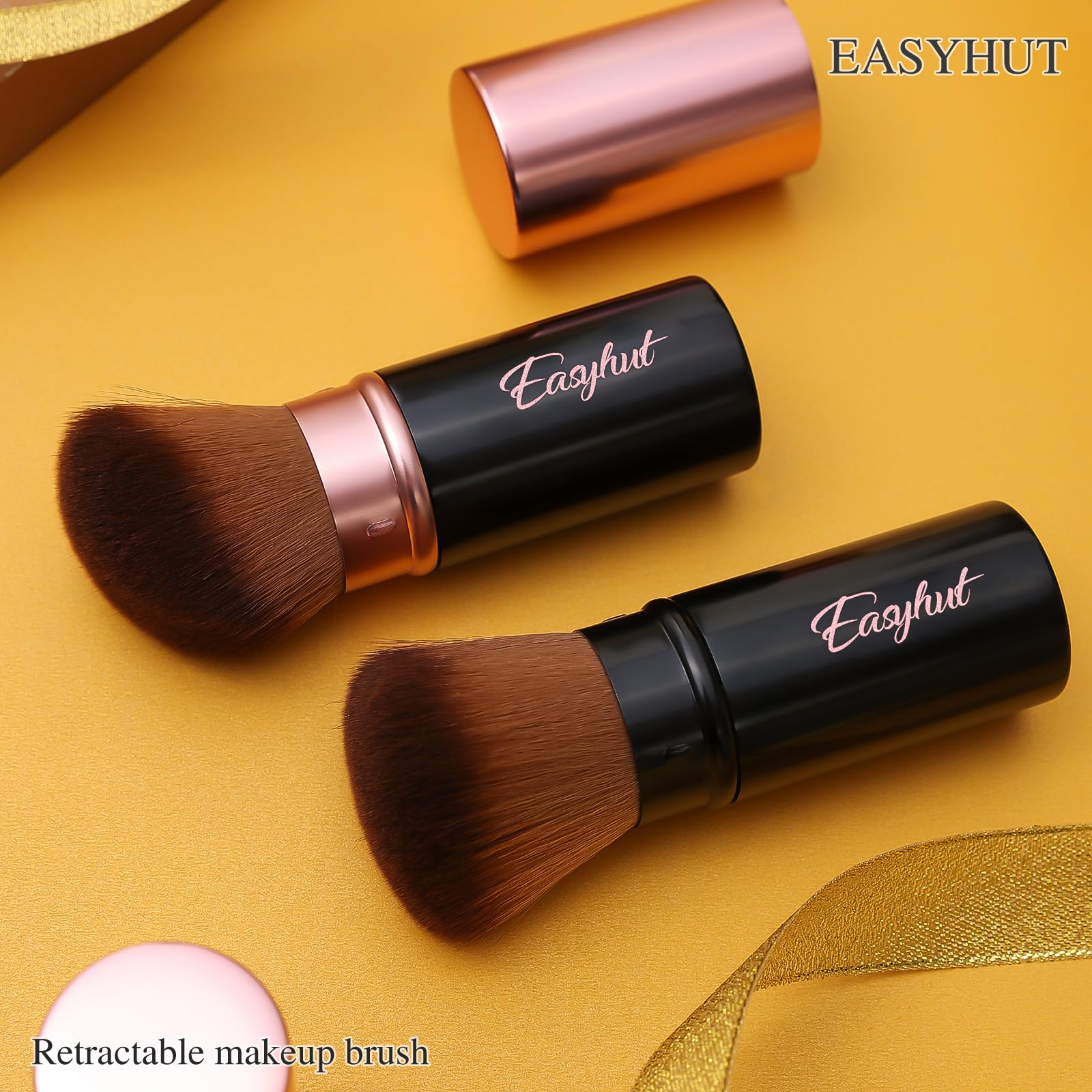 Retractable Kabuki Makeup Brushes Set - 2 Pcs Rose Gold Blush & Powder Brushes with Flat & Angled Heads for Liquid, Cream & Foundation - Perfect for Travel, On-the-Go Touch Ups & Professional Makeup Application