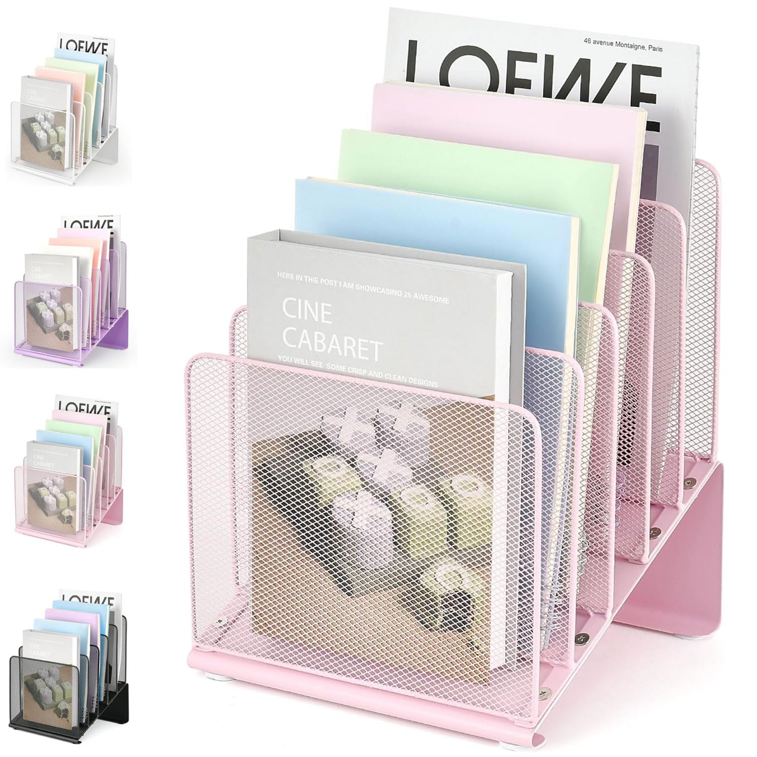 5-Section Vertical File Organizer for Desk - Pink Desk Accessory & Workspace Organizer for Office, Home, School | File Folder Holder, Document Storage, Mail Sorter