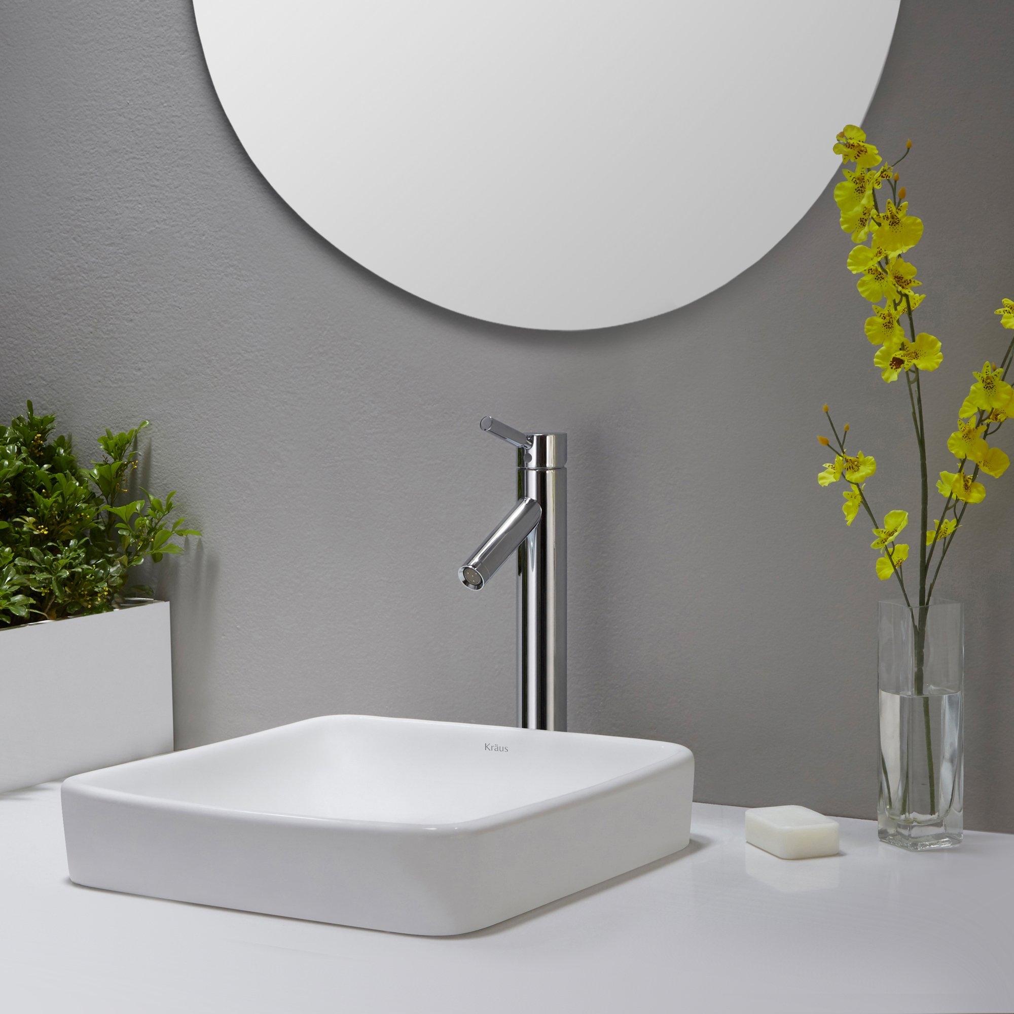 Kraus KCR-281-BN Modern Ceramic Square Semi-Recessed Bathroom Sink with Overflow & Pop-Up Drain - Brushed Nickel/White 16.25