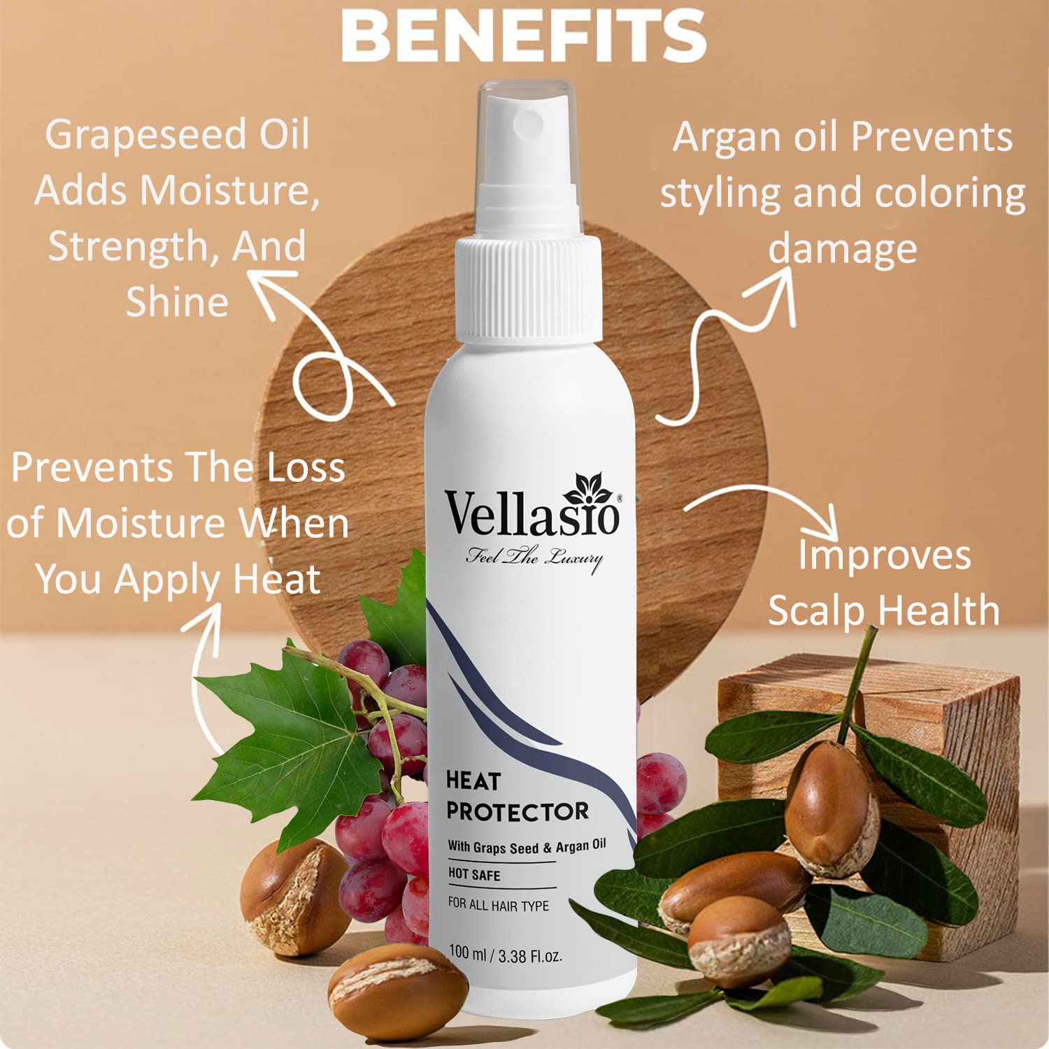 VELLASIO Classic Heat Protection Hair Spray with Argan Oil & Grapes Seed - Thermal Shield for Straighteners & Styling Tools - White Bottle (Pack of 1) - Perfect for Daily Heat Styling & Frizz Control