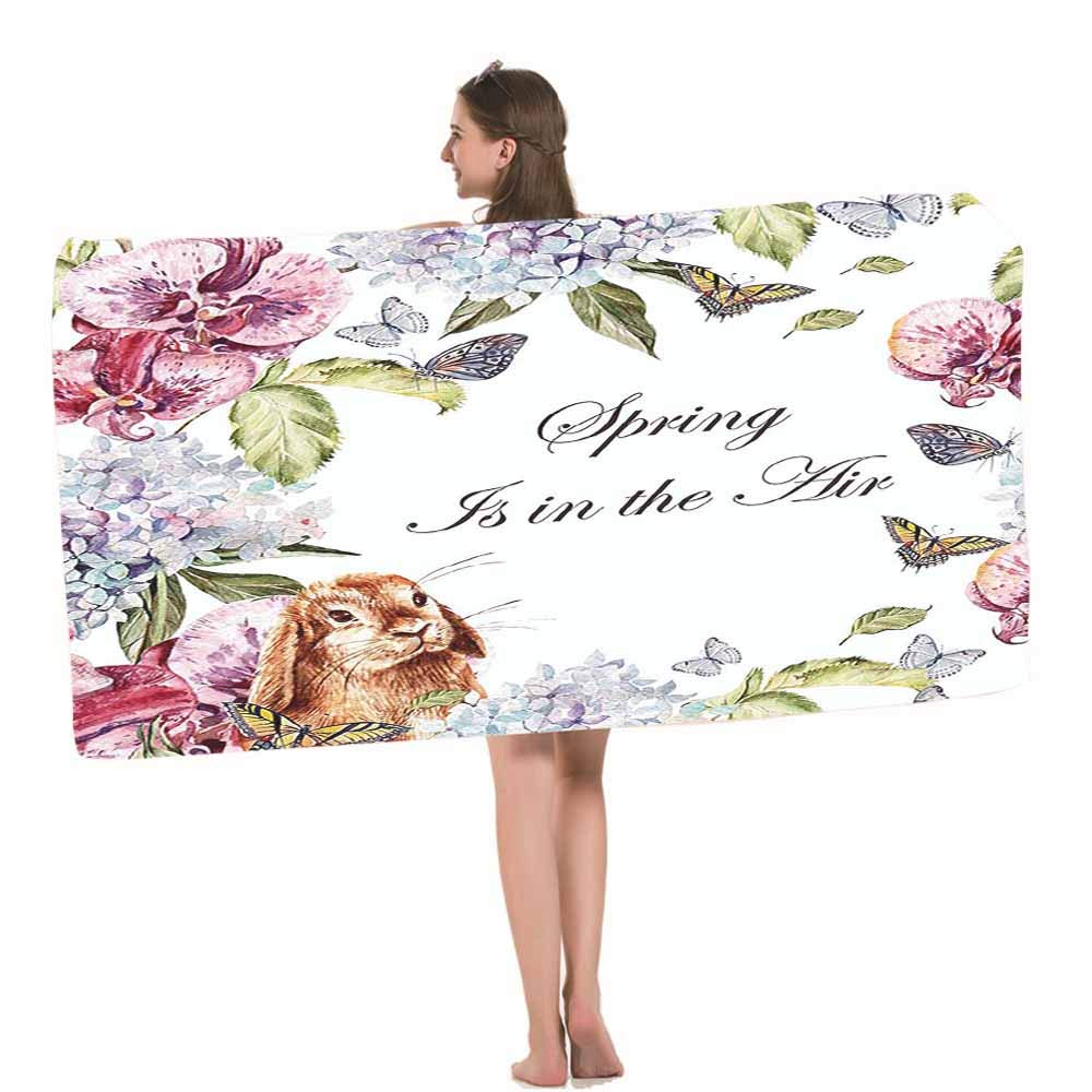 HOSNYE Soft Highly Absorbent Rabbit and Orchid Flower Beach Towel - Watercolor Hydrangea Design with Butterflies and Plants - Perfect for Swimming, Sports, Beach, Gym, and Bathroom Use