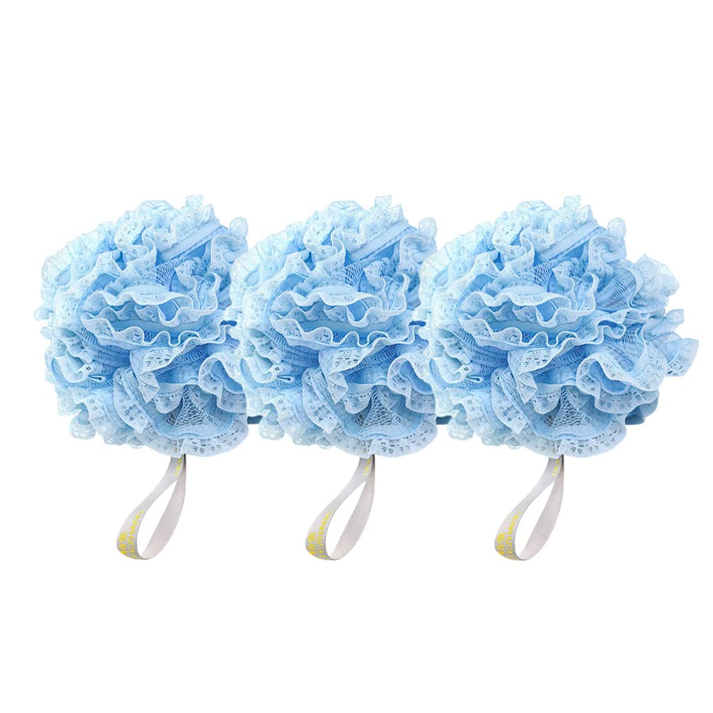 SOLUSTRE 3-Pack Soft Mesh Bath Sponges - Exfoliating Shower Pouf with Lace Design, Gentle Body Scrubber for Adults & Baby, Perfect for Daily Cleansing & Skin Care Routine (Blue/White/Pink) - Ideal for Sensitive Skin, Spa Days & Family Bath Time