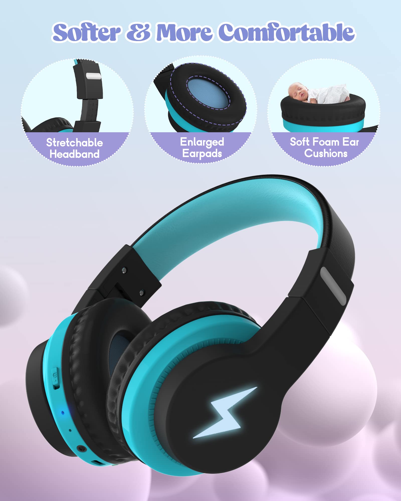 Wireless Kids Headphones with LED Lights & Built-in Mic - Volume Limited Safe Headphones for Children (Blue) - Perfect for Online Learning, Travel & Gaming