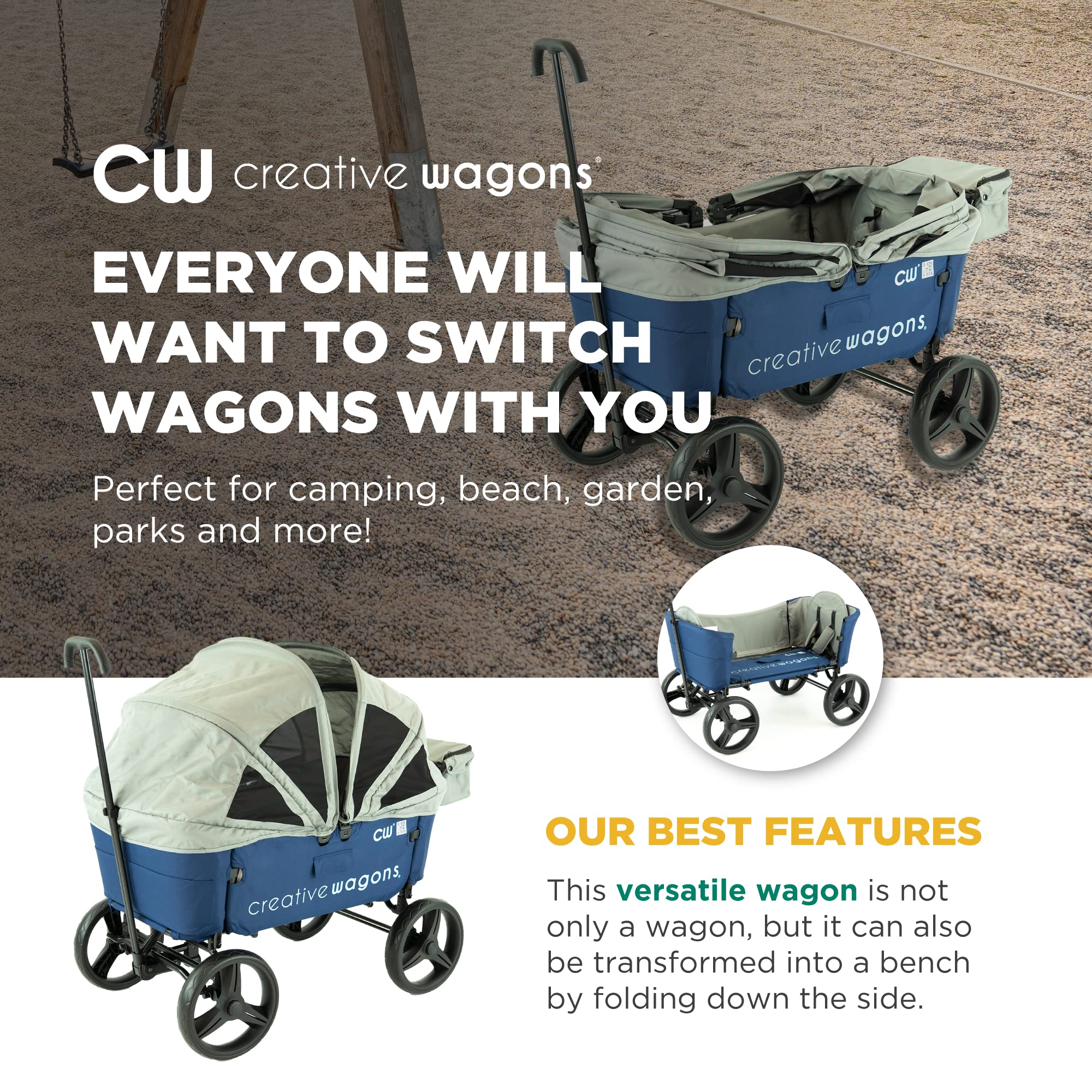 Best Collapsible Stroller Wagon for Kids - All-Terrain Push & Pull Convertible Bench Cart with Removable Canopy | Perfect for Outdoor Adventures, Beach Trips, and Family Picnics