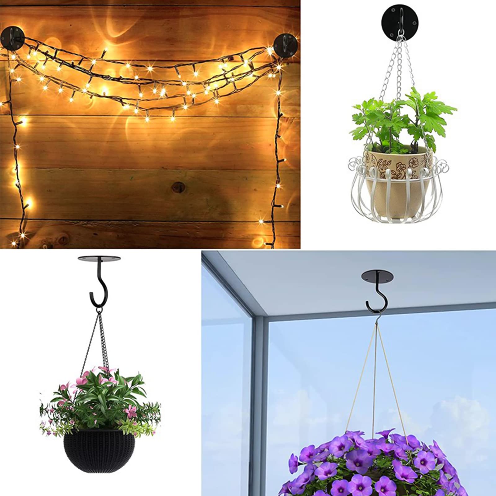 3PCS Heavy Duty Ceiling Hooks for Hanging Plants - Wall Mount Metal S Hooks with Screws & Anchors - Perfect for Hanging Plant Baskets, Lanterns, Wind Chimes, Bird Feeders - Indoor/Outdoor Home & Garden Decor (Black)