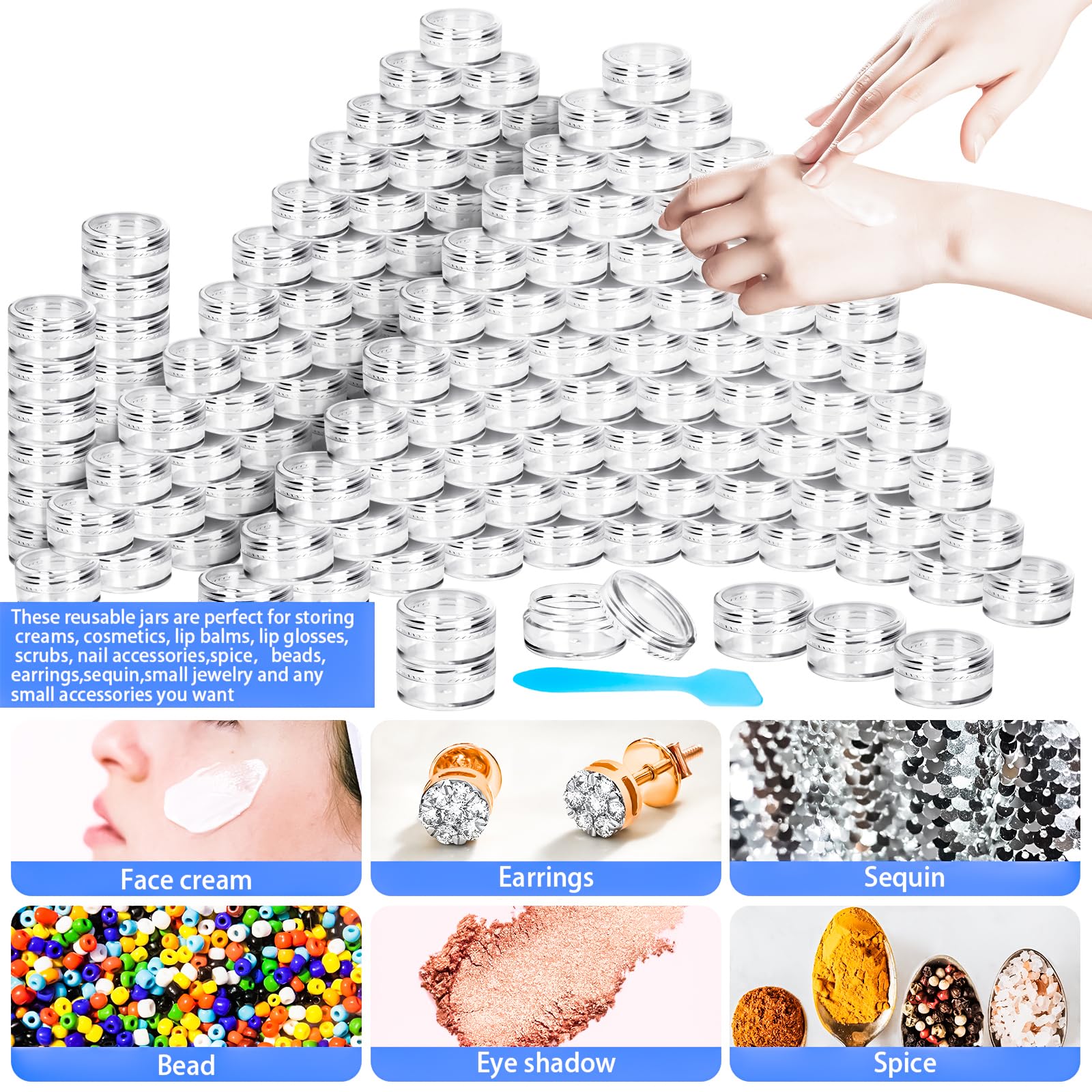 MotBach 100 Pcs 5g Empty Plastic Containers with Clear Lids - Mini Makeup Sample Jars, Small Round Cosmetic Containers with Mini Spatulas for Liquid, Powder, Cream & Lotion Samples - Perfect for Travel, DIY Beauty & Sample Storage
