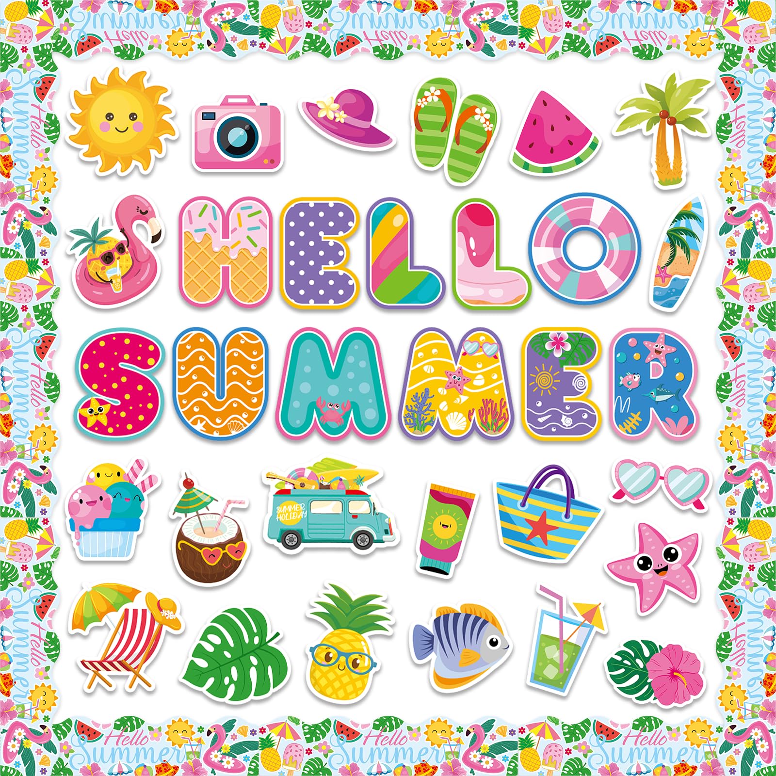 58Pcs Summer Bulletin Board Decorations Set - Tropical Hawaiian Paper Cutouts for Classroom, Home & School Decor - Perfect for Summer Parties, Back to School Displays & Seasonal Wall Decorations