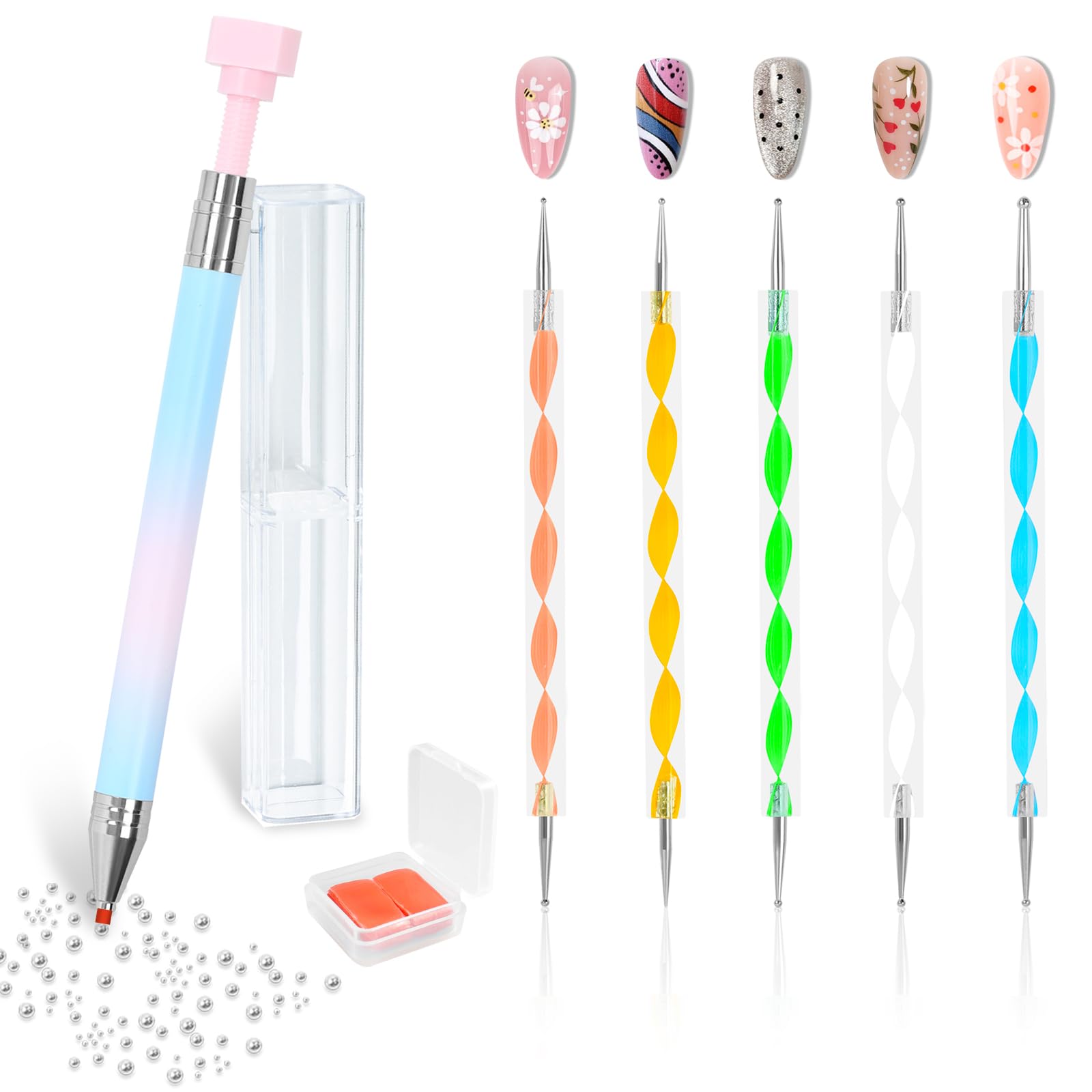 Rhinestone Wax Pencil & Nail Dotting Tool Set - 6 Extra Wax Tips & 5 Dual-Ended Dotting Tools for Crystal Beads, Manicure, Nail Art DIY - Perfect for Professional Salons & Home Nail Decoration (Blue)