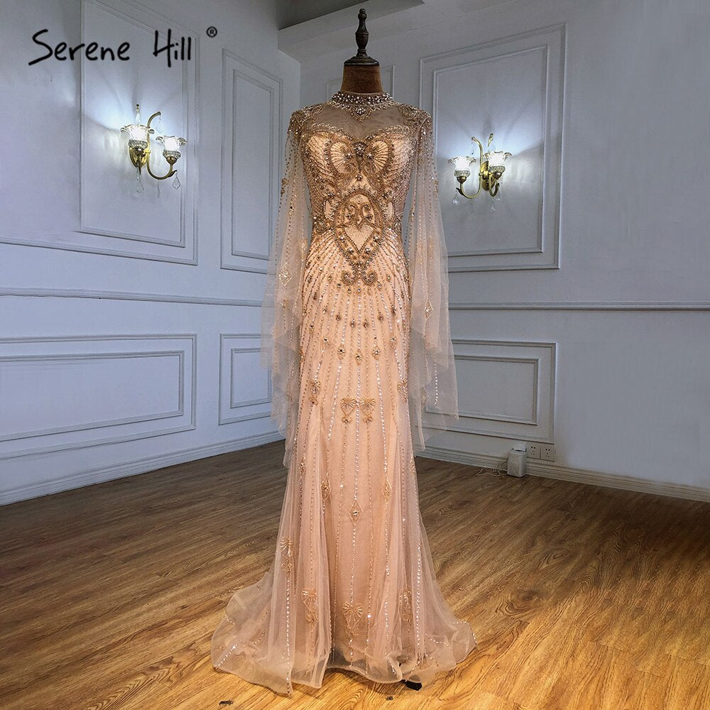 Serene Hill 2025 Luxury Grey Nude Cape Sleeve Beaded Mermaid Evening Gown - Elegant Sexy Women's Formal Dress for Prom, Gala & Special Occasions