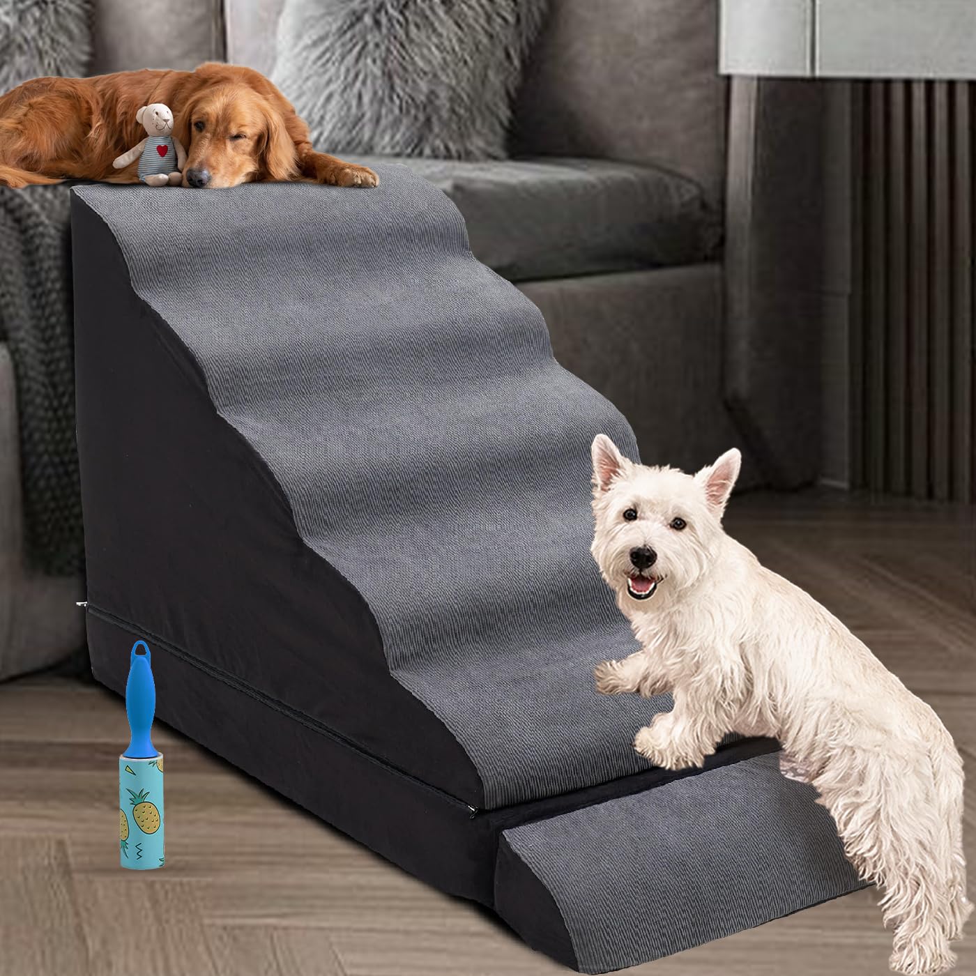 **Extra Wide 6-Tier Pet Stairs for High Beds (26-30 Inches) – Non-Slip Dog Steps & Ramps for Small Dogs & Animals – Dark Grey – Perfect for Elderly Pets & Couch/Bed Access**