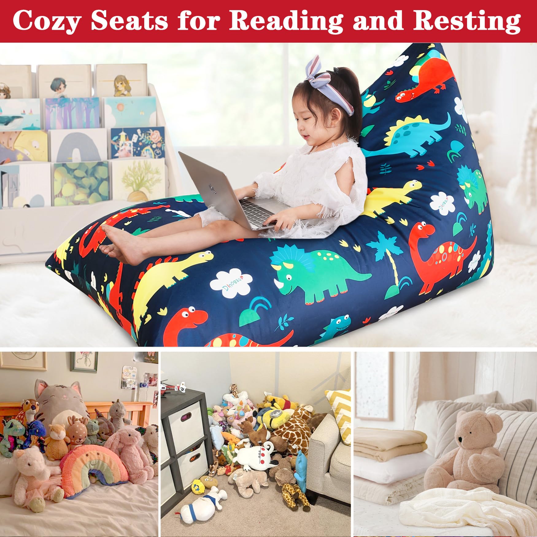 Dinosaur Stuffed Animal Storage Bean Bag Chair Cover for Kids & Adults - 200L/52 Gal Large Capacity Organizer | Perfect for Playrooms, Bedrooms & Dorm Decor