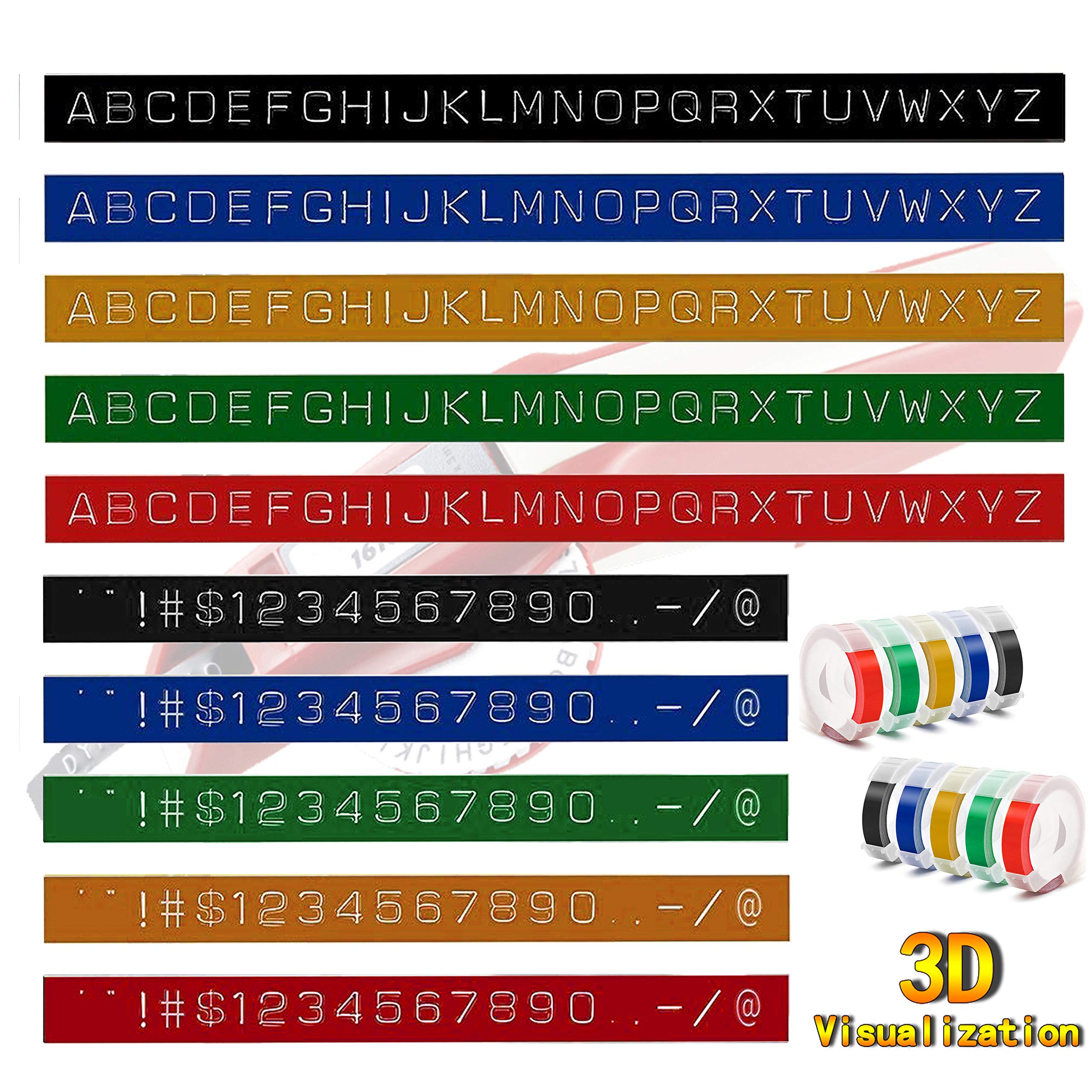 3/8 Inch Embossing Label Tape - Compatible with Dymo Label Maker 12965 & 12966, Durable 3D Plastic Labels for Office Mate II & Organizer Xpress (White on Black/Red/Blue/Yellow/Green) - Perfect for Office Organization, File Labeling & Home Storage