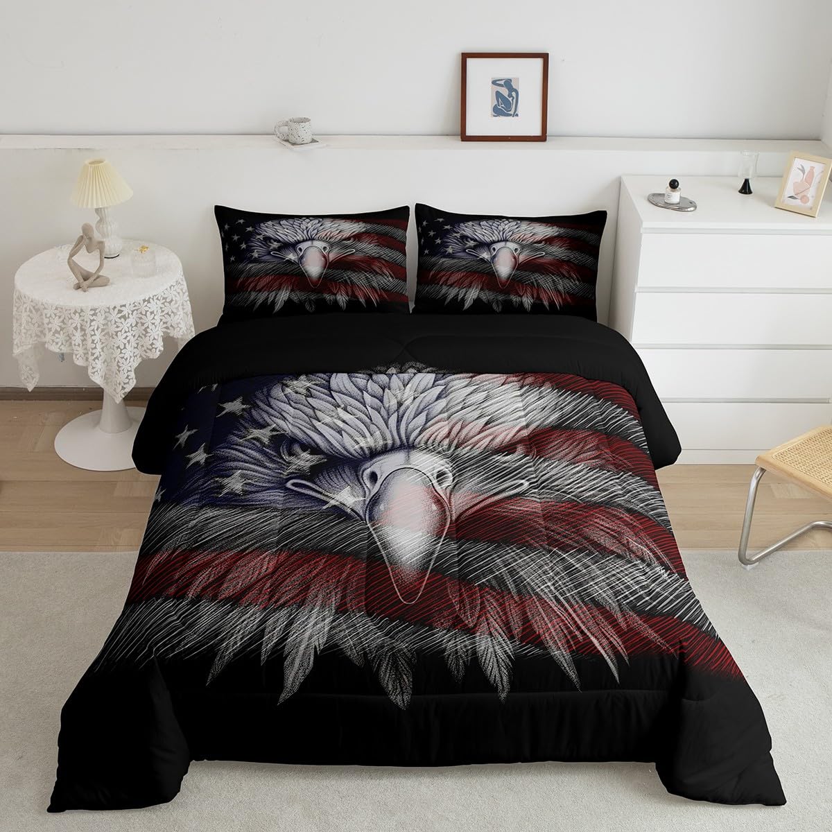 USA Flag Eagle Comforter Set - Full Size 3Pcs Black Patriotic Bedding with Eagle Design for Independence Day & All Season Home Decor | Perfect for Bedroom, Dorm, Guest Room & American Theme Decorations
