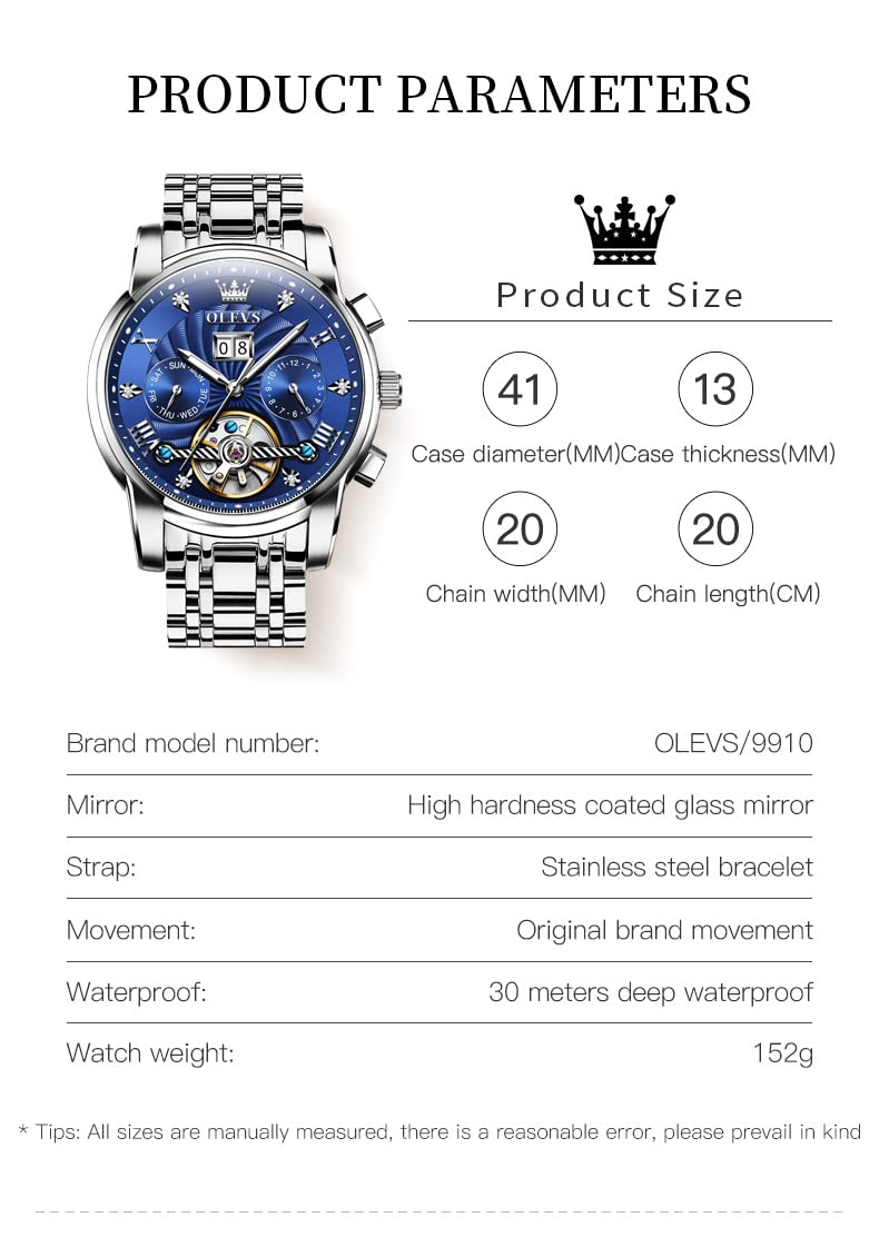 OLEVS Men's Automatic Skeleton Watch - Self Winding Mechanical Watch with Luminous Hands, Waterproof, Diamond Accents, Day/Date Display - Perfect for Business, Dress & Formal Occasions