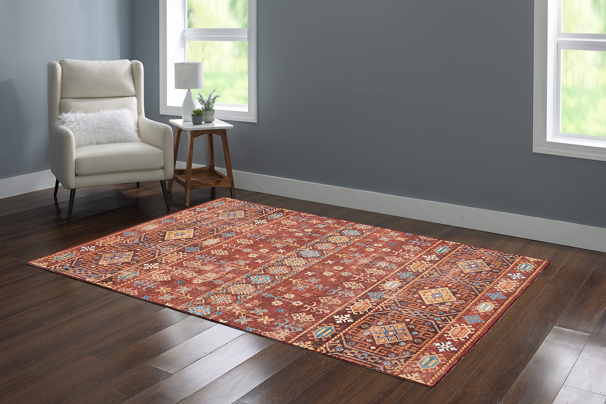 Linon Joelle Washable Area Rug 5x7 Feet - Red & Ivory Indoor/Outdoor Decor - Perfect for Living Room, Bedroom, Patio & Entryway