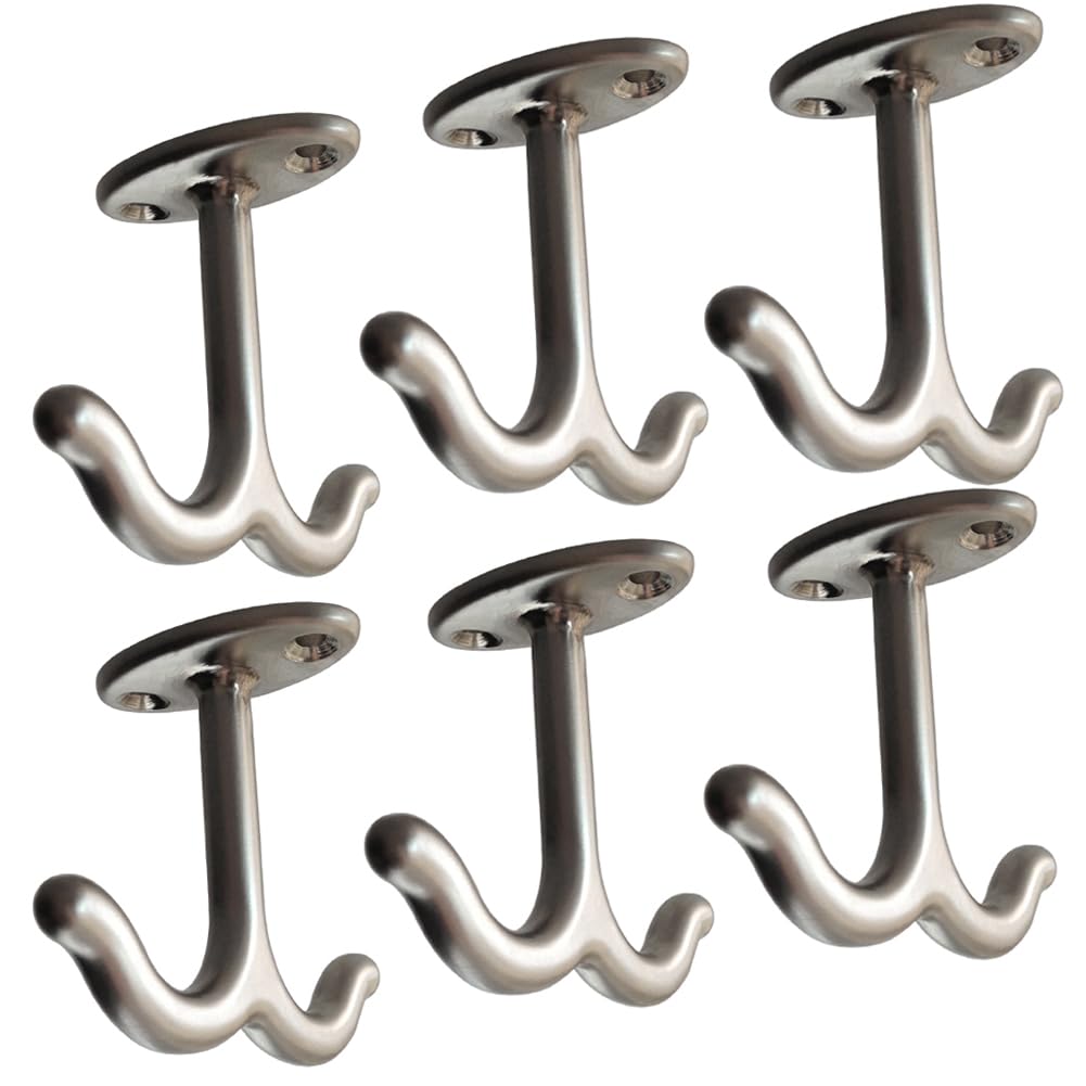 Premium Zinc Alloy Double Prong Ceiling Hook - Heavy Duty Towel & Robe Hanger for Bathroom, Closet, Kitchen, Garage - Space Saving Storage Solution (6 Pack) - Perfect for Organizing Towels, Clothes, Hats & More in Small Spaces