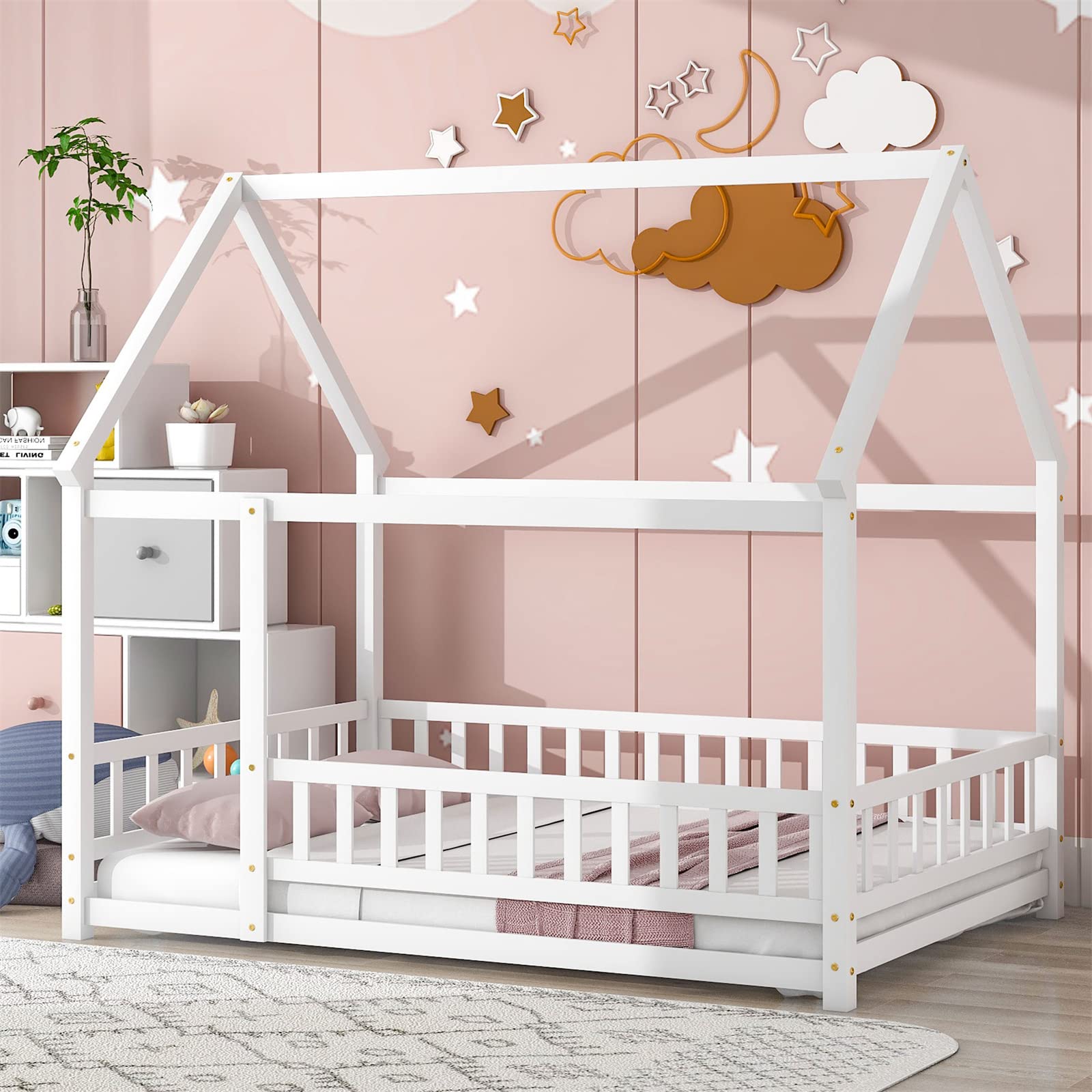 Montessori Full Size Floor Bed Frame with Roof & Fence - Solid Wood House Bed for Kids, Boys & Girls Bedroom Furniture - White | Safe Toddler Sleeping Solution for Daycare & Home Nursery