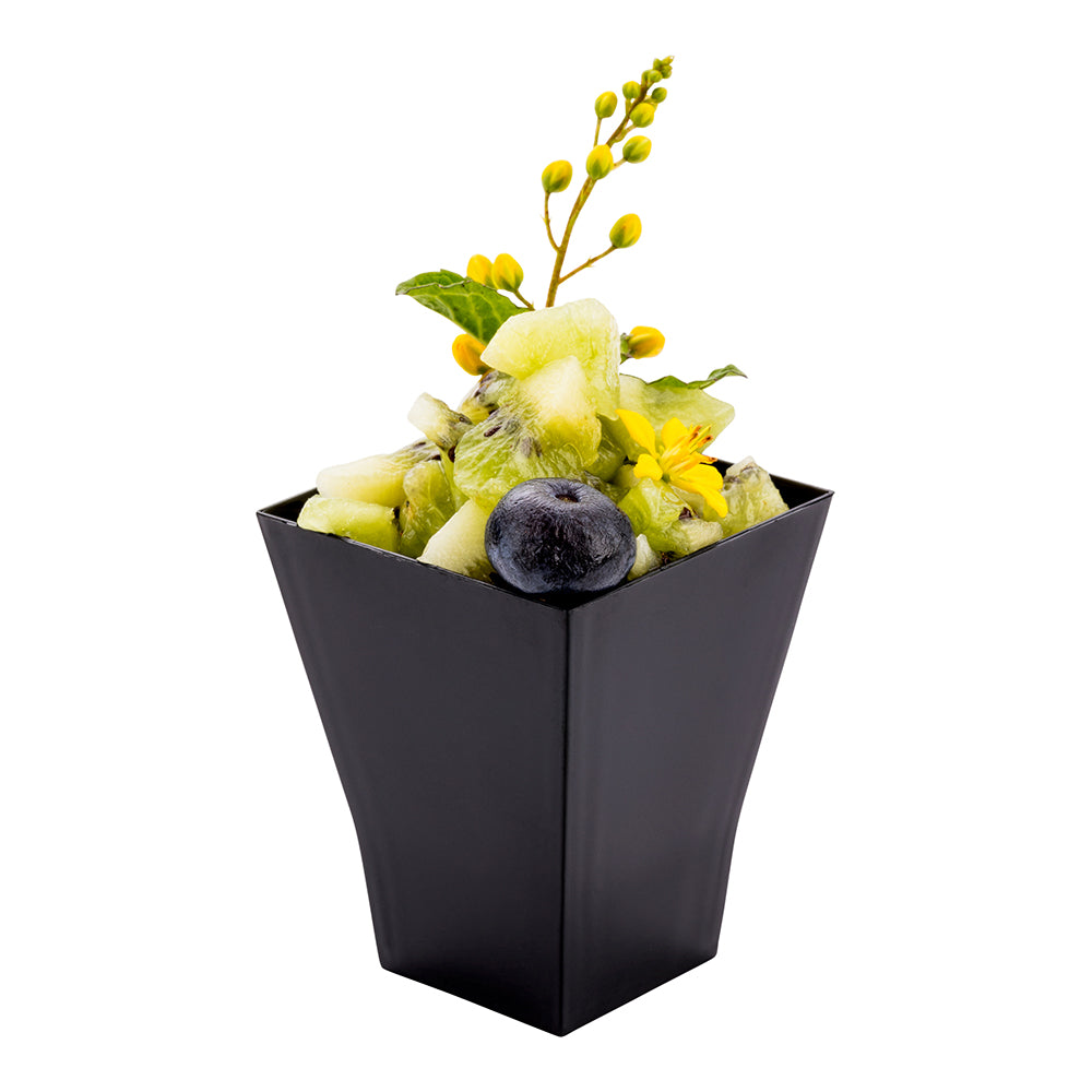 100 Pack 2 oz Square Black Plastic Bonito Cups with 100 Silver Mini Forks - Perfect for Sushi, Appetizers, and Party Serving Dishes