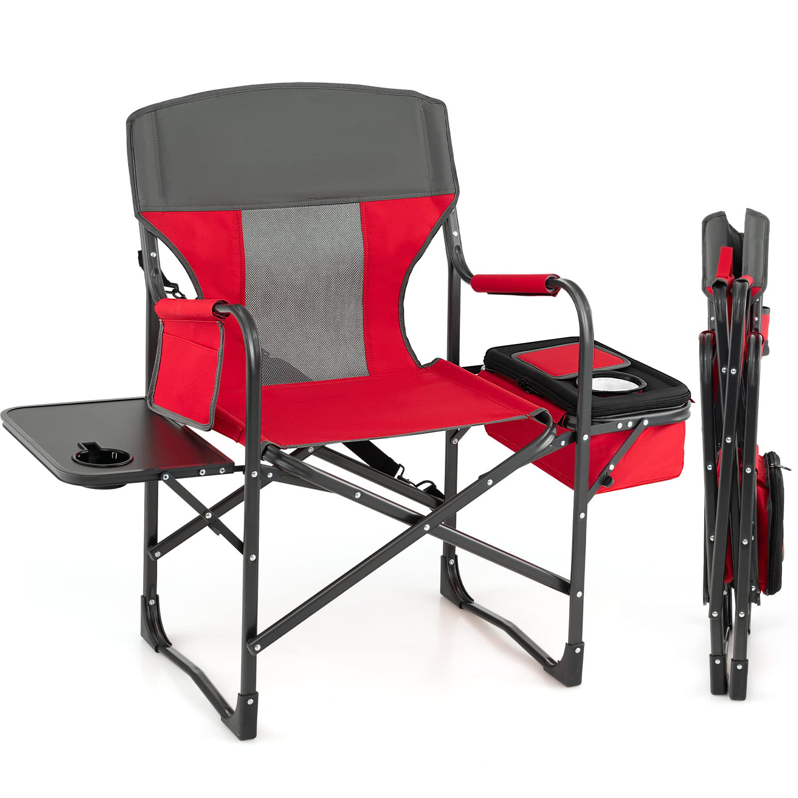 Giantex Heavy Duty Folding Camping Chair with Side Table & Cooler Bag - Portable Director's Chair with Storage Pocket, Shoulder Strap & Handle - 400 lbs Weight Capacity - Perfect for Outdoor Camping, Fishing, Picnics, Makeup Artists & Photographers (Red)