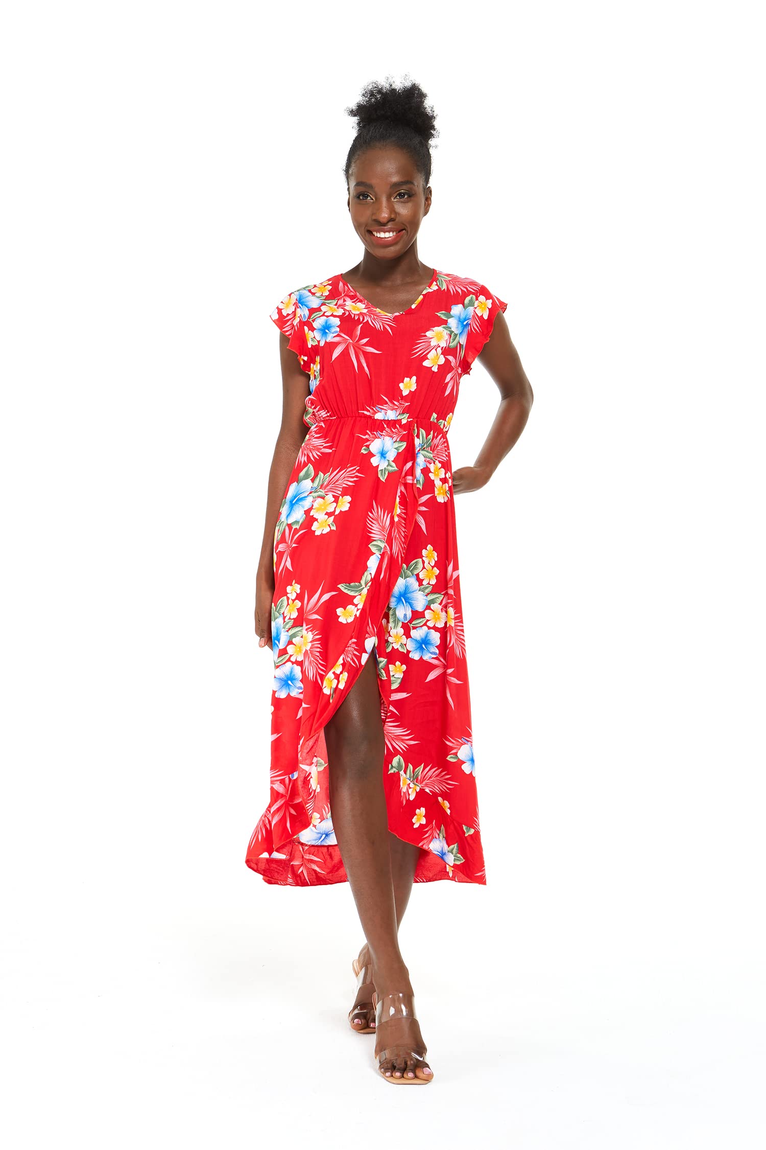 Hawaiian Luau Wrap Ruffle Dress for Women - Floral Hibiscus Vine Print - Perfect for Beach Parties, Summer Vacations & Tropical Getaways