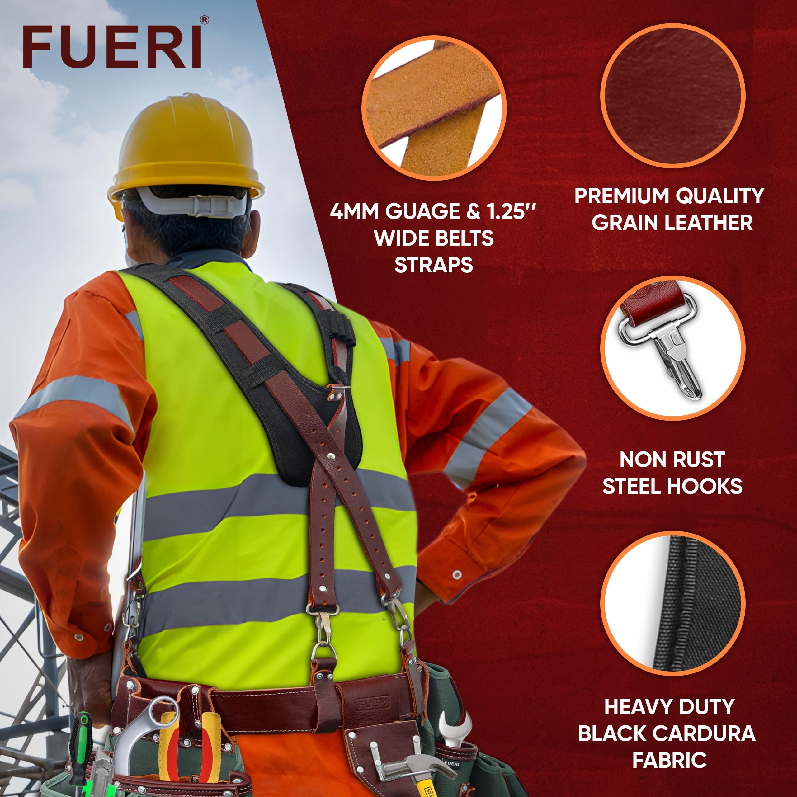 FUERI Tool Belt Suspender with 4 Detachable D-Loops - Heavy Duty Construction Work Belt Suspenders with Adjustable Front Clips | Perfect for Carpenters, Electricians & DIY Home Improvement Projects