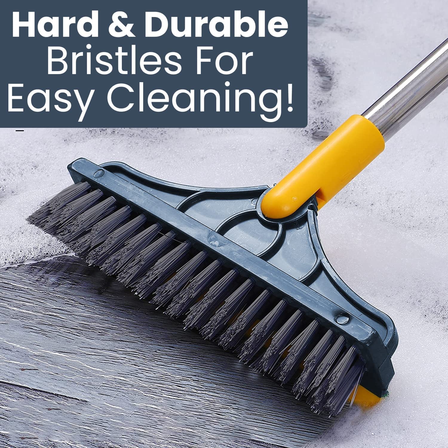 2-in-1 Bathroom Cleaning Brush with Wiper & Long Handle - 120° Rotating Tile & Floor Scrub Brush for Shower, Bathtub & Hard Surfaces - Home Cleaning Tool (Yellow & Silver) - Perfect for Deep Cleaning Grout, Corners & Hard-to-Reach Areas