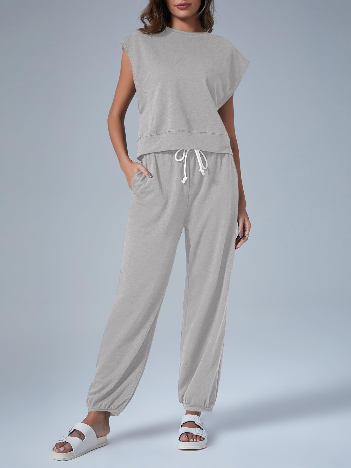 Tankaneo Women's 2 Piece Summer Outfits - Casual Lounge Sets with Oversized Sleeveless Tops & Sweatpants with Pockets | Comfortable Pajama Sets for Home, Travel & Relaxation
