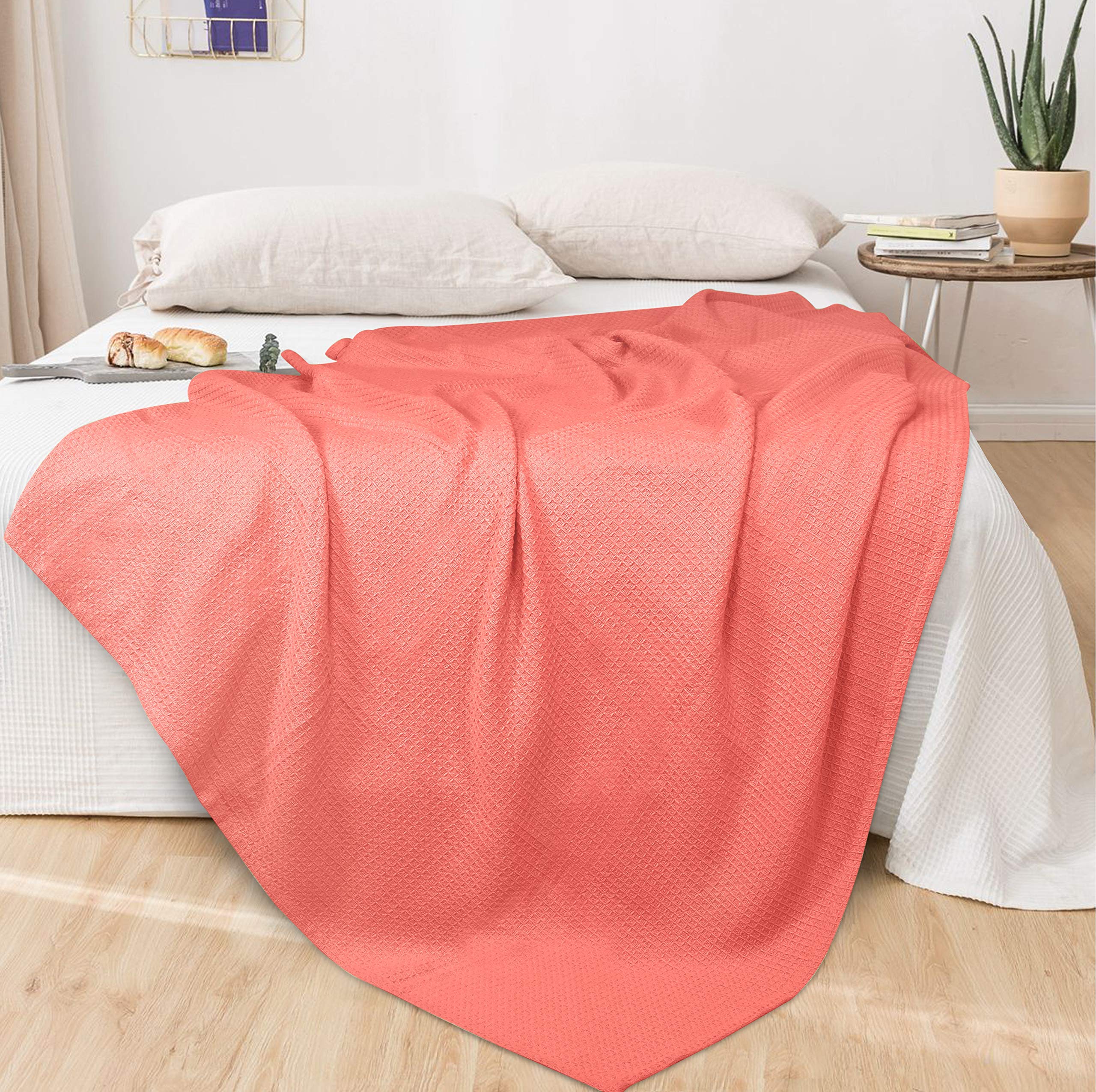 GLAMBURG 100% Cotton Thermal Blanket - Queen Size Waffle Weave Bed Blanket for All Seasons | Soft, Breathable & Cozy Coral Blanket for Bedroom, Couch, Camping & Gift Giving