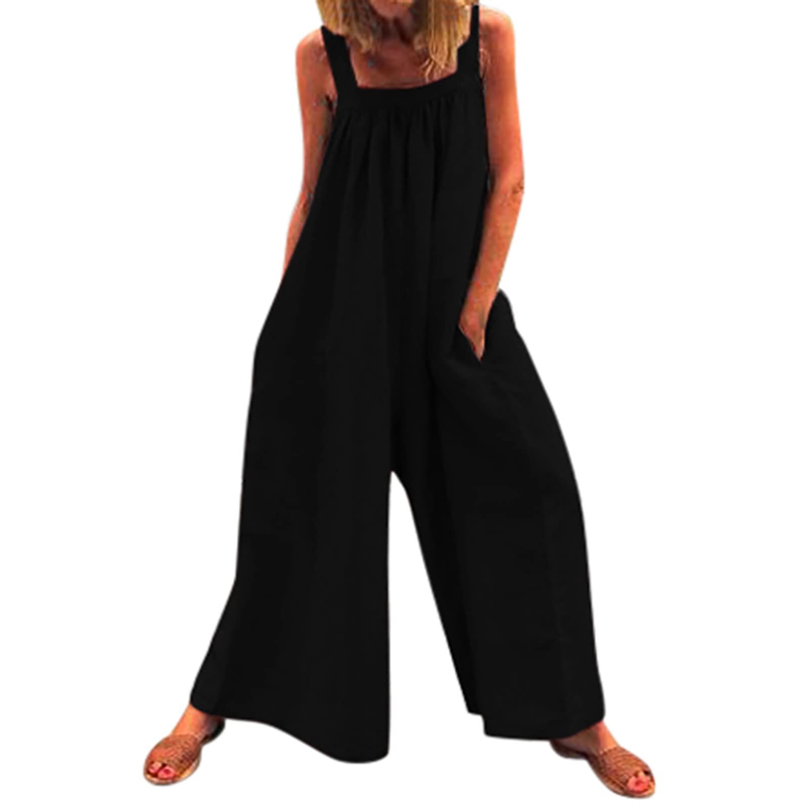 FAVIPT Women's 2022 Summer Linen Cotton Romper - Casual Sleeveless Wide Leg Overalls with Bib, Beachwear & Vacation Outfit for Women | Perfect for Beach Trips, Summer Vacations, and Casual Outings