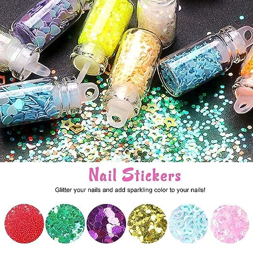 Angelie 53-Piece Nail Art Kit – 48 Bottles 3D Glitter Set & 5 Dual-Ended Dotting Tools | Perfect for DIY Nail Designs, Manicures, Gifts for Women & Girls | Home Spa, Parties, Salons
