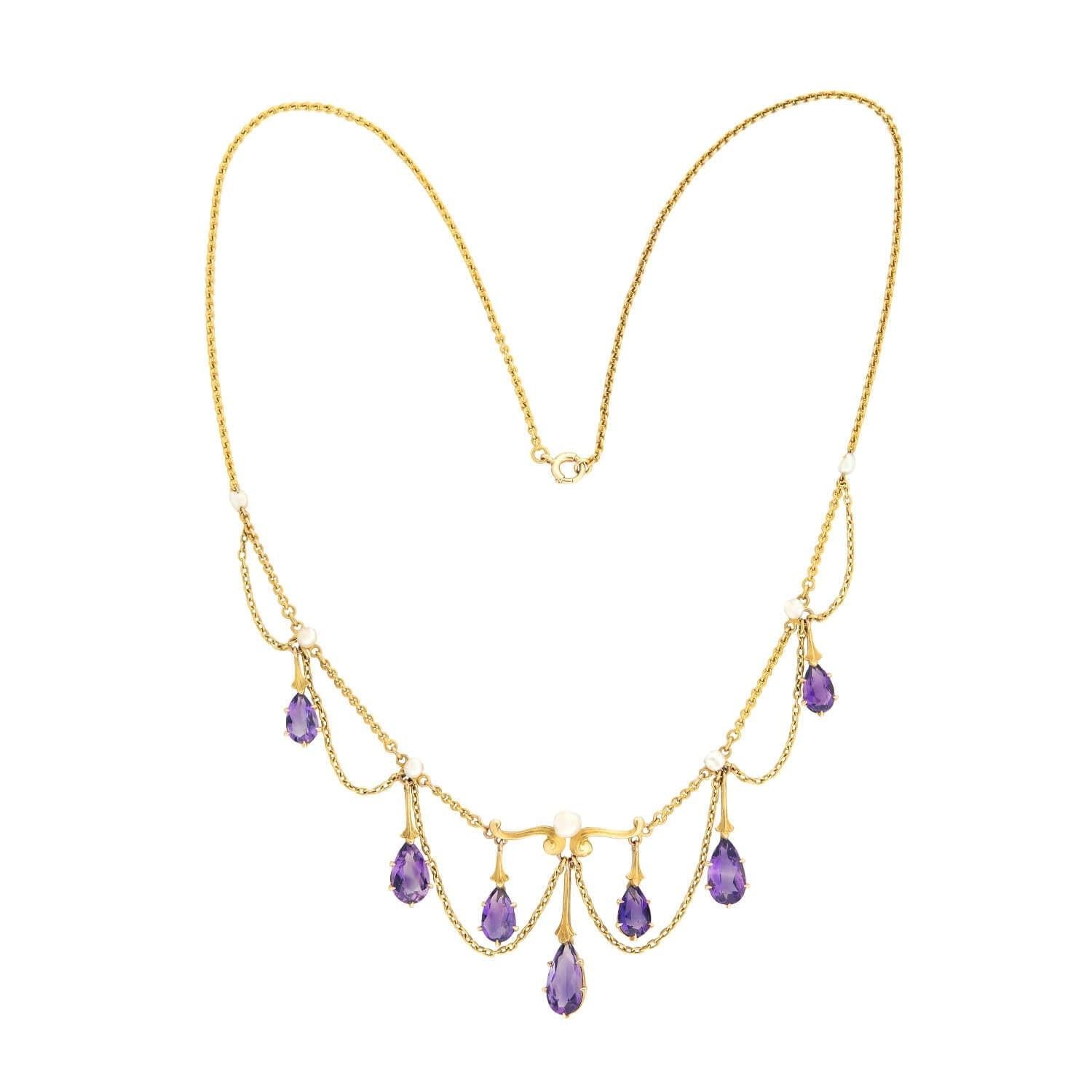 Victorian Style 14K Gold Amethyst and Pearl Festoon Necklace – Elegant Antique Jewelry for Weddings, Parties & Special Occasions