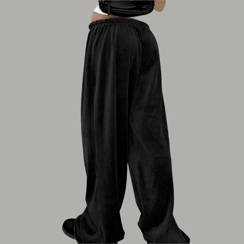 Black Velvet Wide Leg Drawstring Pants for Women - Y2K Casual Baggy Trousers for Autumn & Winter | Lounge Wear, Street Style, Party Outfits