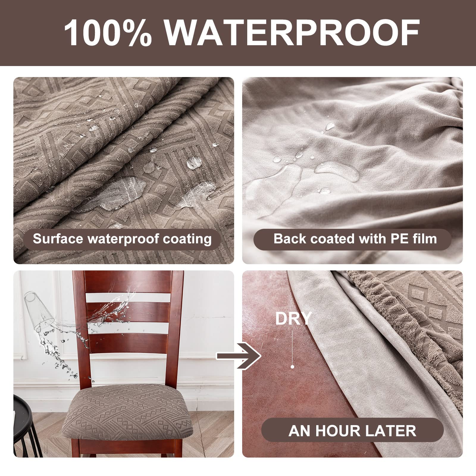 Genina Waterproof Stretch Dining Chair Covers - 4 Pack Taupe Slipcovers for Kitchen, Restaurant & Hotel Use | Spill-Proof Seat Protectors for Everyday Dining & Entertaining