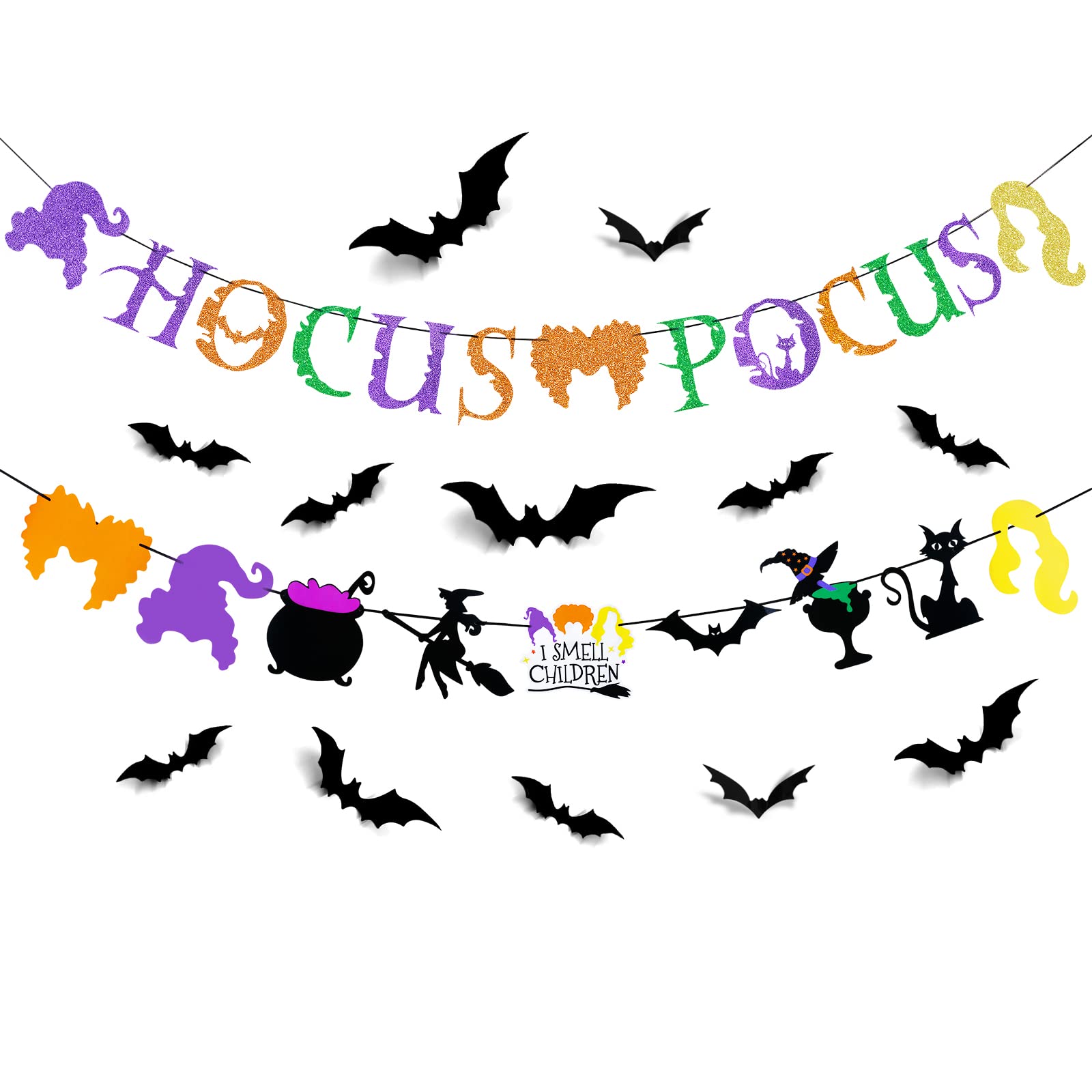 Hocus Pocus Halloween Party Banner & Bats Wall Decals - Witch Themed Party Decorations for Halloween - Perfect for Spooky Home Decor, Witch Parties & Halloween Events