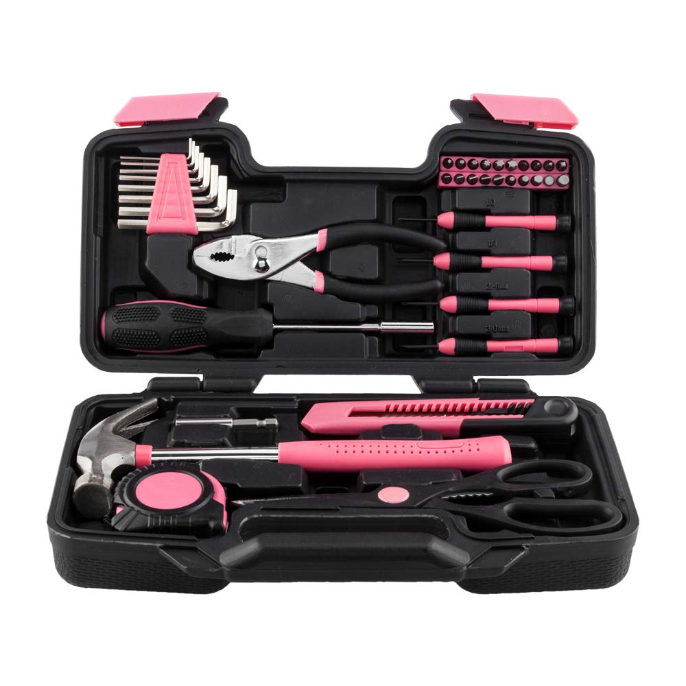 JASOYA 39-Piece Household Tool Kit with Plastic Storage Case - Pink Hand Tools Set for Home Repair, DIY Projects & Emergency Fixes | Perfect for Beginners, Women & Small Household Maintenance