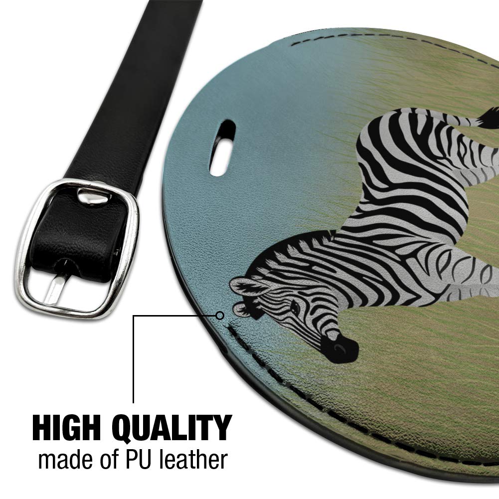 Premium Round Leather Luggage Tag with Zebra in Grasslands Design - Durable Carry-On ID Tag for Suitcases, Backpacks & Travel Bags | Perfect for Air Travel, Business Trips & Vacation Identification