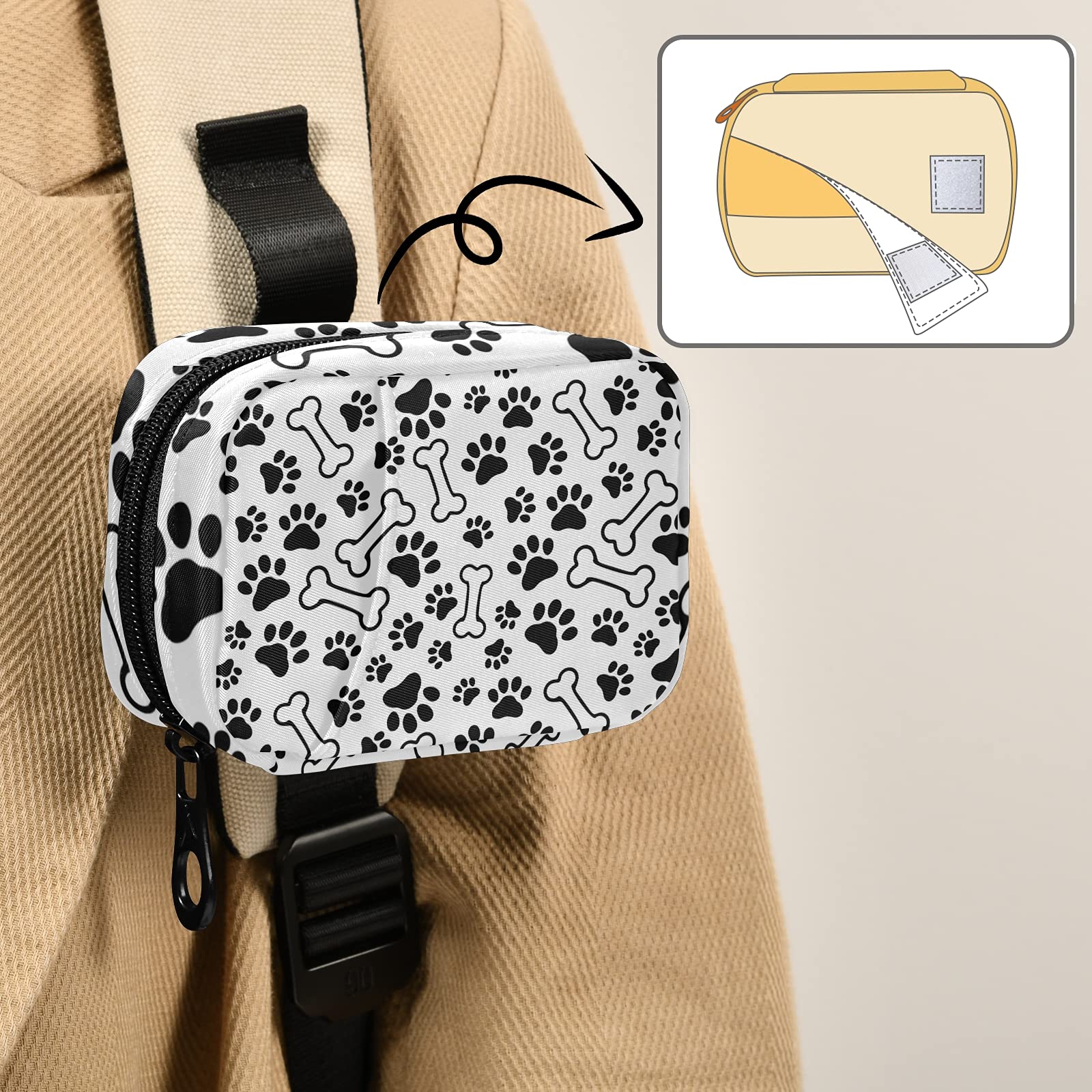 Black Pet Paws Print & Bones Pattern White Pill Organizer Case - Removable Plastic Compartments, Zippered Medicine Storage Bag - Perfect for Travel, Daily Medication & Pet First Aid Supplies