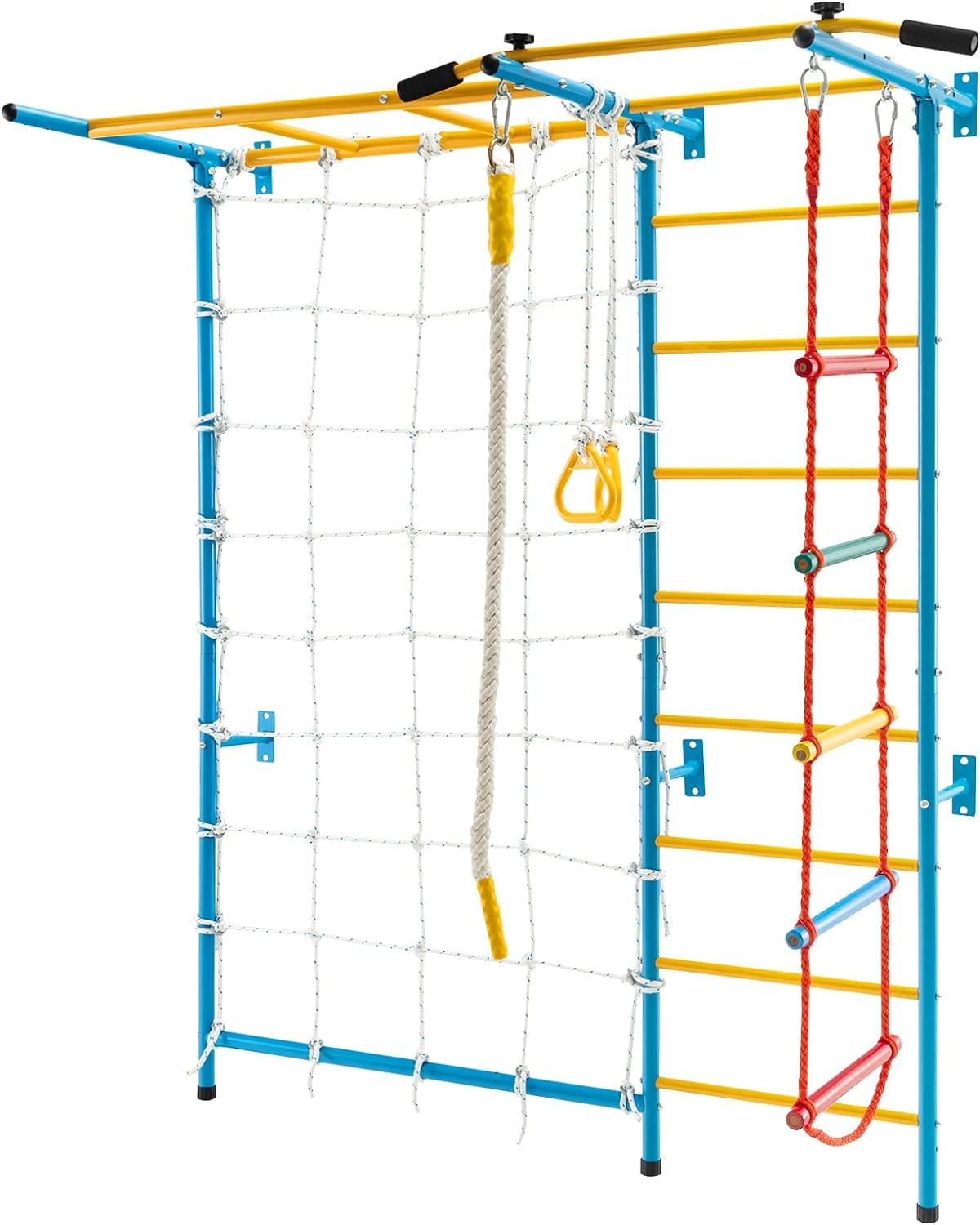 **HONEY JOY 7-in-1 Kids Climbing Gym Set for Toddlers - Indoor Metal Playground with Rope Ladder, Pull-up Bar, Monkey Bars & Gymnastic Rings - Safe & Durable Wall-Mounted Exercise Equipment for Home, Playroom, or Backyard Fun**