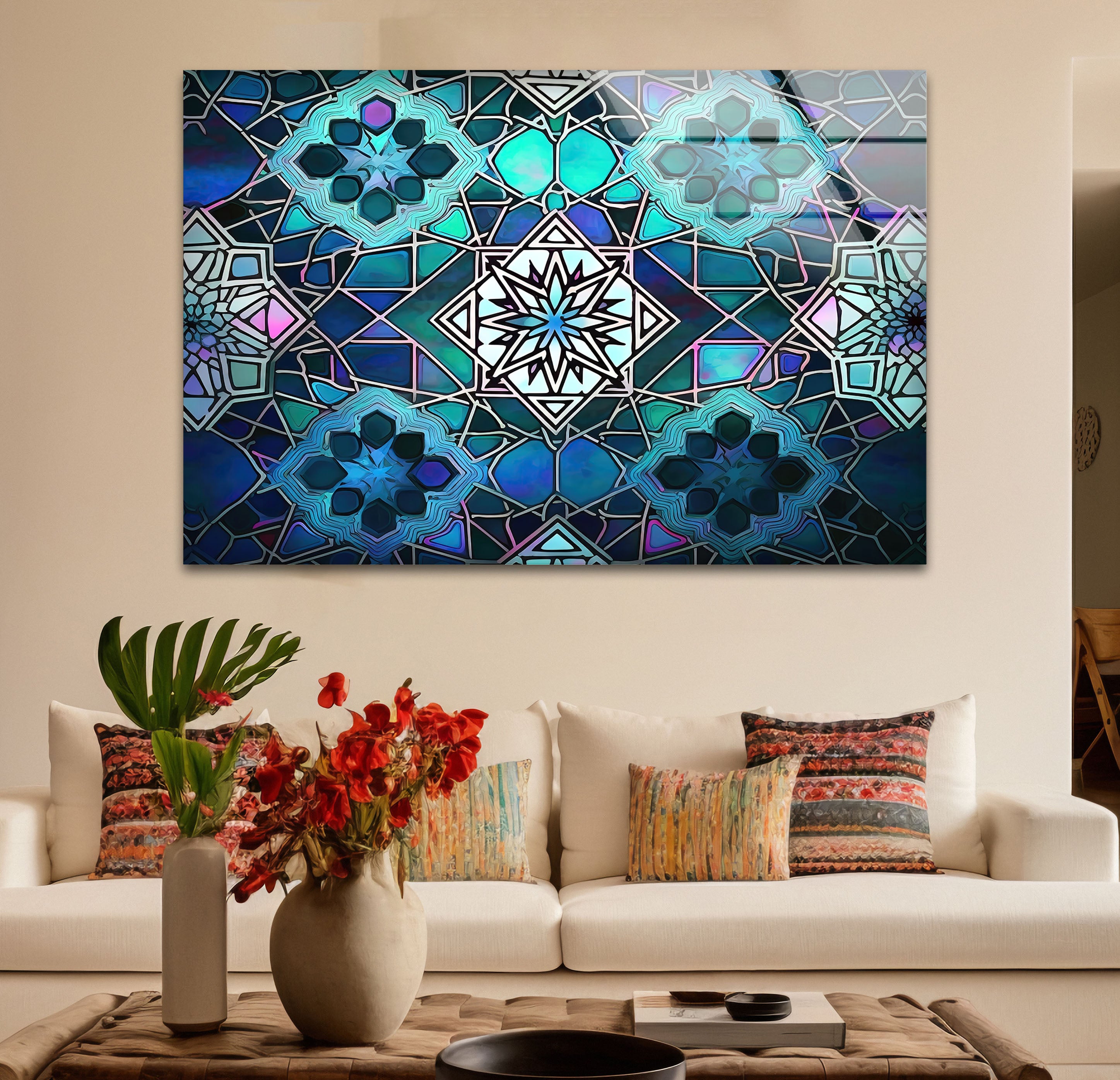 Blue Mosaic Star Glass Wall Art - Islamic Geometric Window Panel, Sacred Pattern Home Decor for Living Room, Bedroom & Mosque