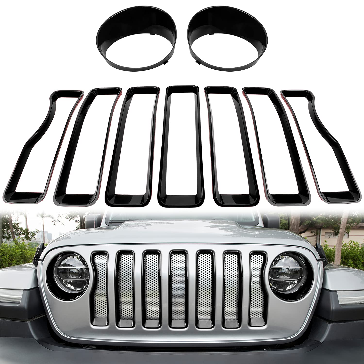 Black Bonbo Mesh Grille Grill Insert & Headlight Turn Signal Light Cover Trim Exterior Accessories for 2018-2023 Jeep Wrangler JL Sport/Sahara - Durable Off-Road Protection & Stylish Upgrade