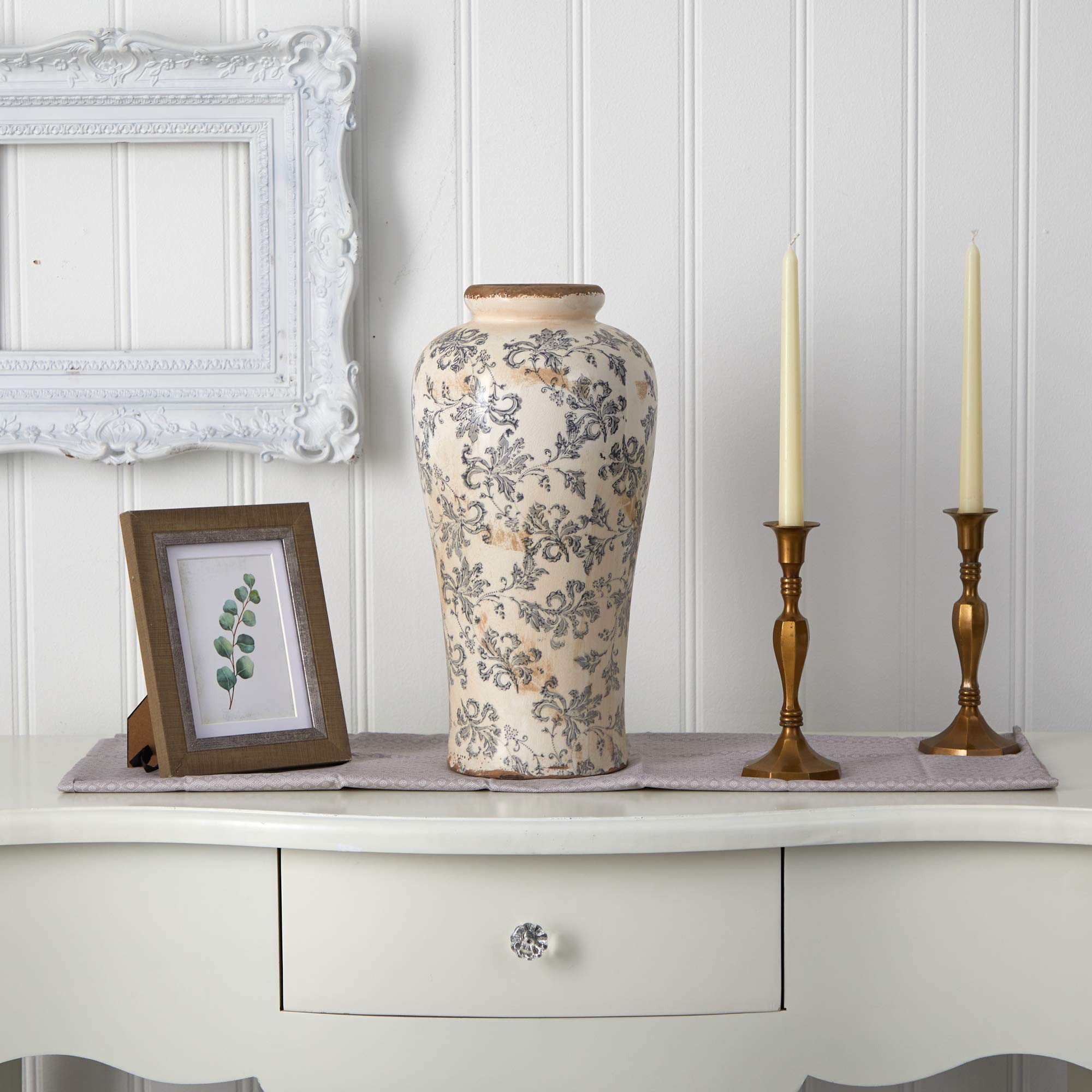 Nearly Natural 16 Inch Tuscan Ceramic Floral Scroll Urn Vase - Elegant Home Decor for Living Room, Dining Table, or Outdoor Garden Arrangements