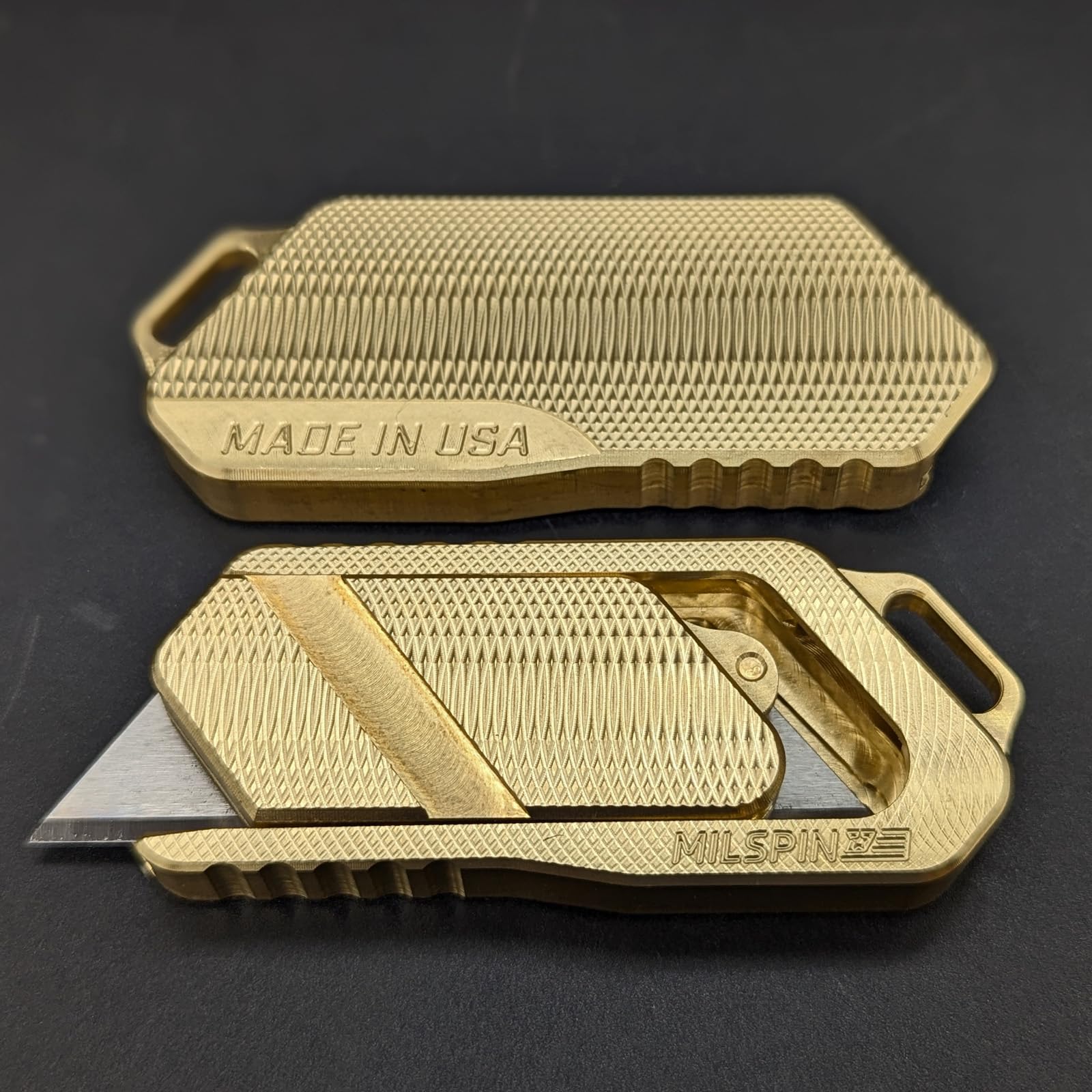 Milspin Magnus Utility Knife - Retractable Box Cutter with Razor Blade | EDC Pocket Knife for Everyday Carry | Veteran Made in USA (Brass 2.0) | Perfect for Office, Warehouse & Outdoor Activities