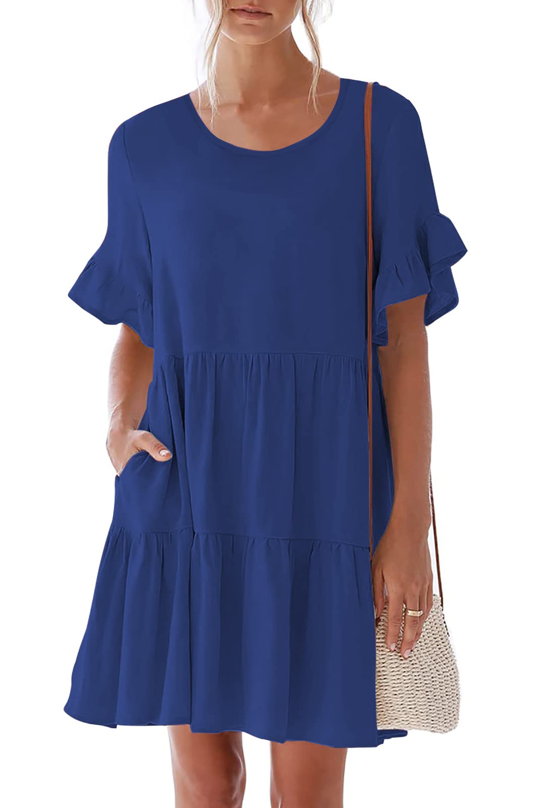 nclook Women's Summer Casual Dress - Sweet & Cute V-Neck Mini Dress with Pockets, Short Sleeve Ruffles | Perfect for Beach Outings, Date Nights & Summer Vacations