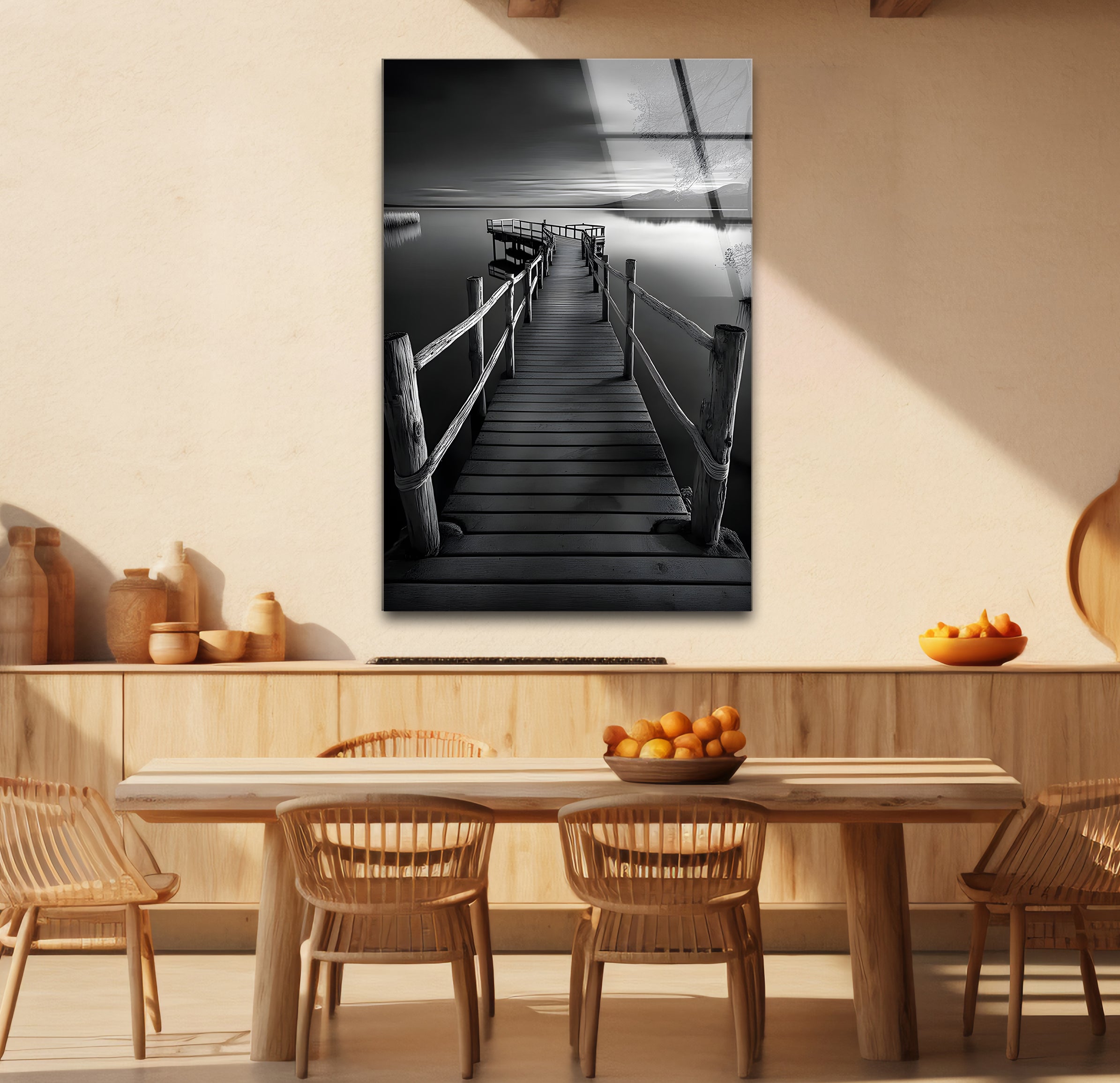 Black and White Dock Landscape Glass Wall Art - Modern Framed Home Decor for Living Room, Bedroom, Office | Coastal Nautical Theme