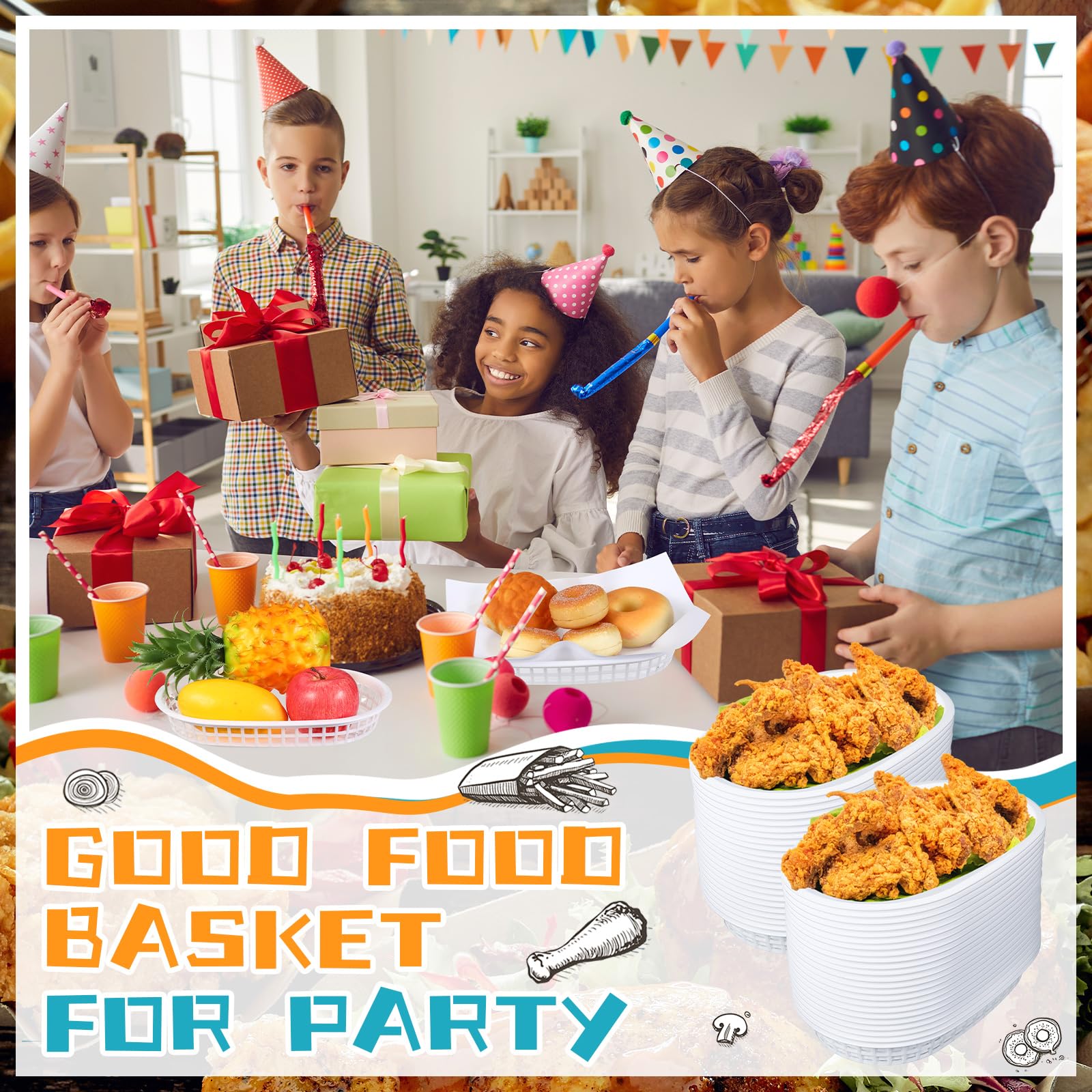 50 Pack White 10.5 x 7 Inch Oval Plastic Fast Food Baskets - Reusable Chip & Bread Baskets for Restaurants, Hot Dogs, Deli, Chicken Fries, Burgers - Perfect for Serving, Food Display & Commercial Kitchen Use
