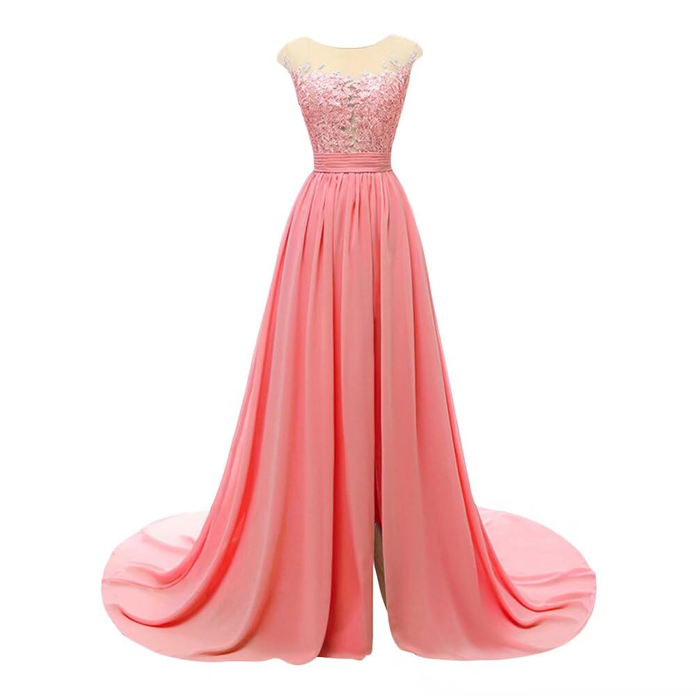 Elegant Women's Lace Sheer Wedding Bridesmaid Dress - Chiffon Long Formal Evening Gown with High Slit - Perfect for Weddings, Proms, Galas & Special Occasions