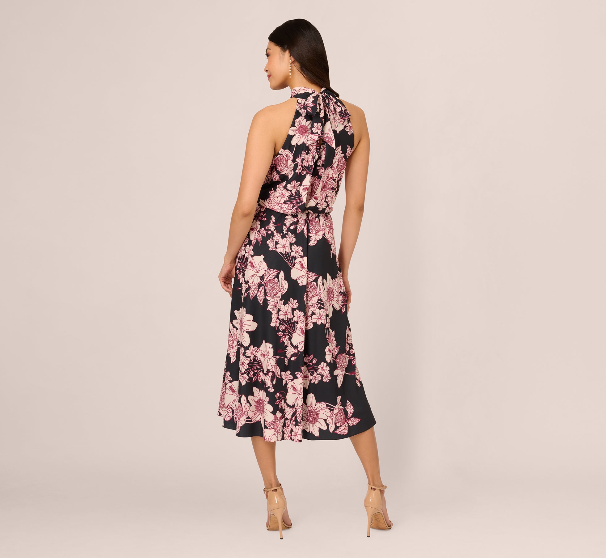 Floral Print Halter Midi Dress with Mock Neckline - Black Multi Color Summer Dress for Women, Perfect for Beach Vacation, Garden Party & Date Night Outfits