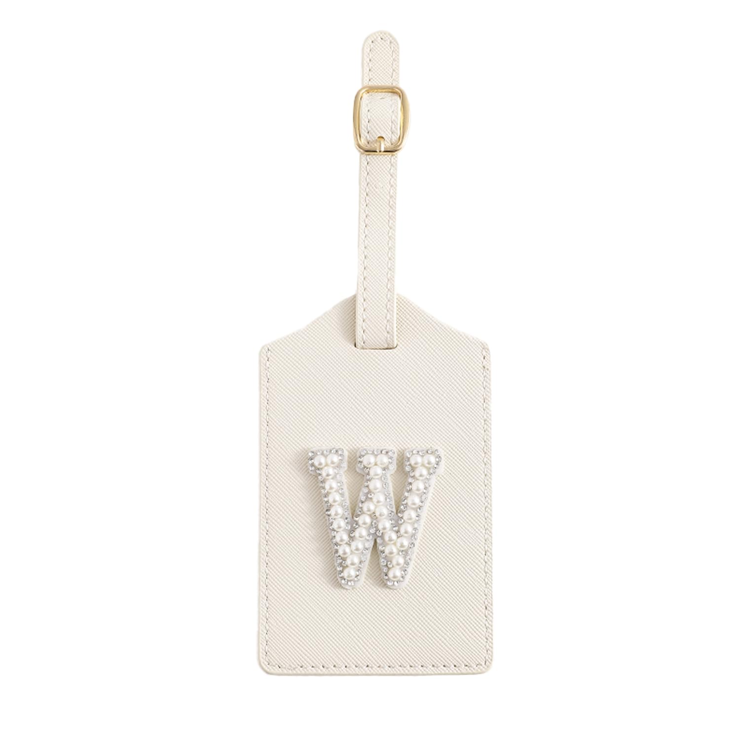 W Letter PU Leather Luggage Tag - Personalized Initial Suitcase Tag, Travel Bag Tag, Backpack ID Tag for Women | Perfect Bridesmaid Gift, Holiday Travel Accessory & Wedding Gift (White Leather with Pearl Monogram)