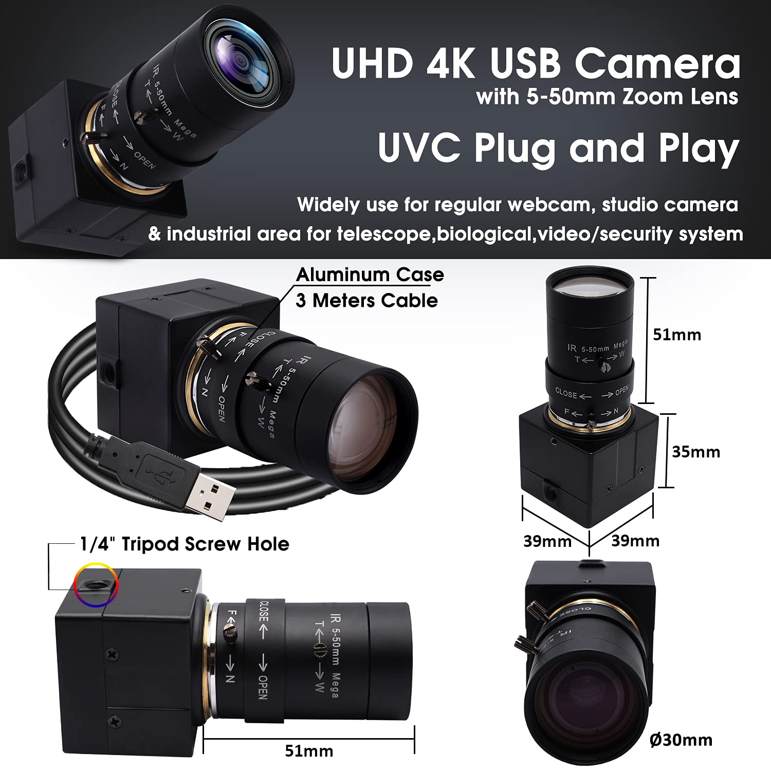 SVPRO 4K Ultra HD Webcam with 10X Optical Zoom & 5-50mm Varifocal Lens - 3840x2160@30fps Sony IMX415 Sensor USB Camera for PC, Laptop, Desktop - Perfect for Video Conferencing, Live Streaming & Online Classes