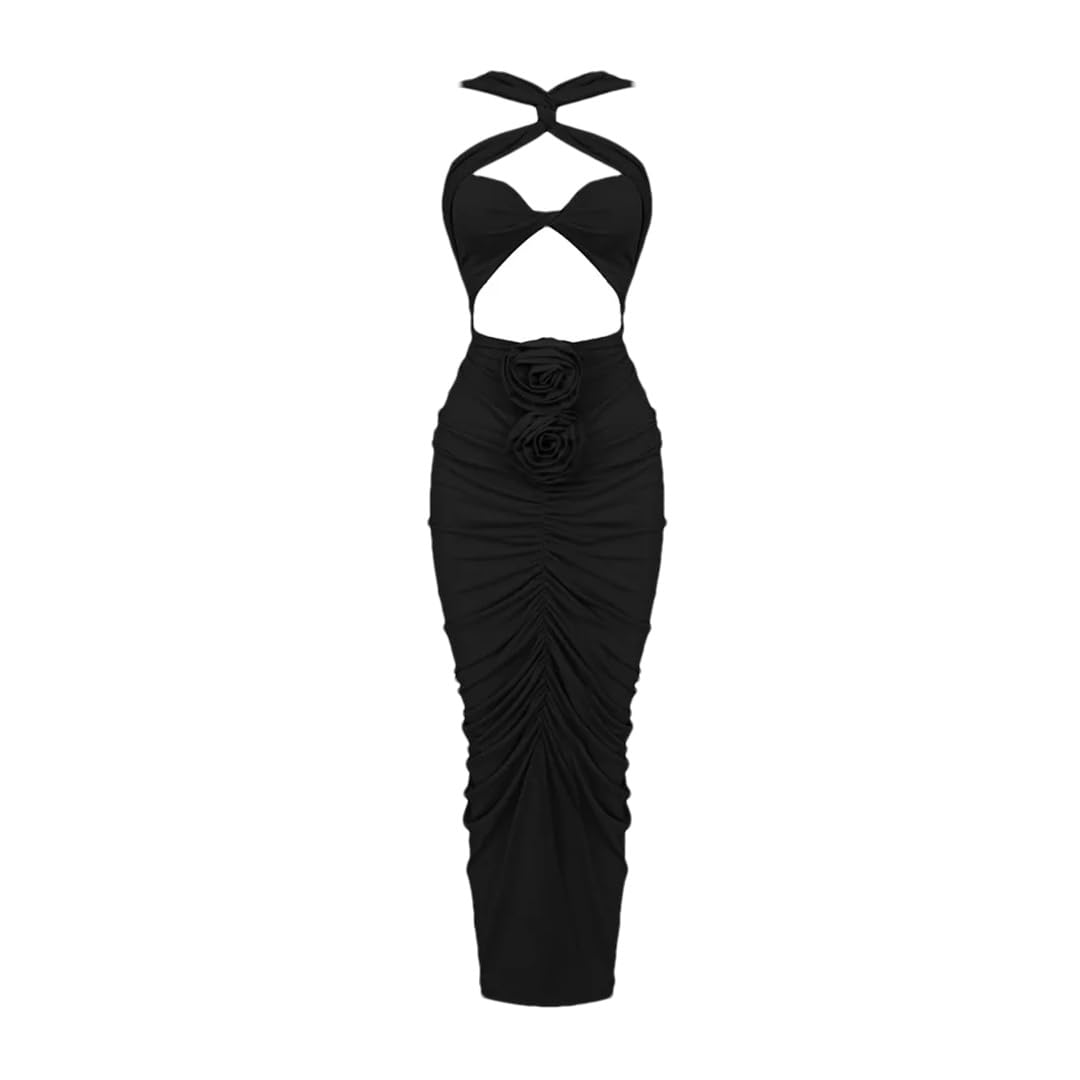 Sexy Hollow Out Bodycon Dress for Women - Sleeveless Pleated Club Party Long Dress | Perfect for Night Out, Date Night & Special Occasions